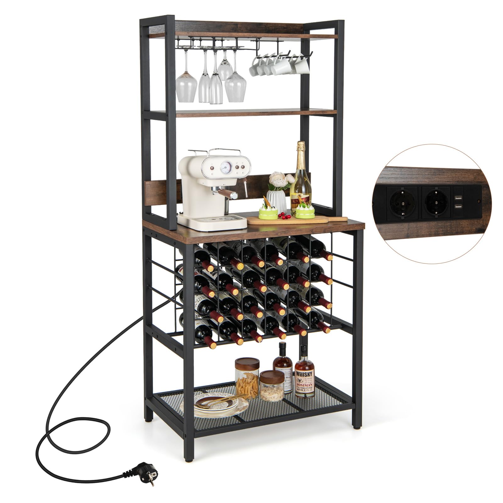 KOMFOTTEU Scaffale per vino con prese e USB per 24 bottiglie e tazze, mensola da cucina a 5 Ripiani con piano di lavoro, scaffale multiuso per più dispositivi, portabottiglie per vino 76 x 48 x 163 cm