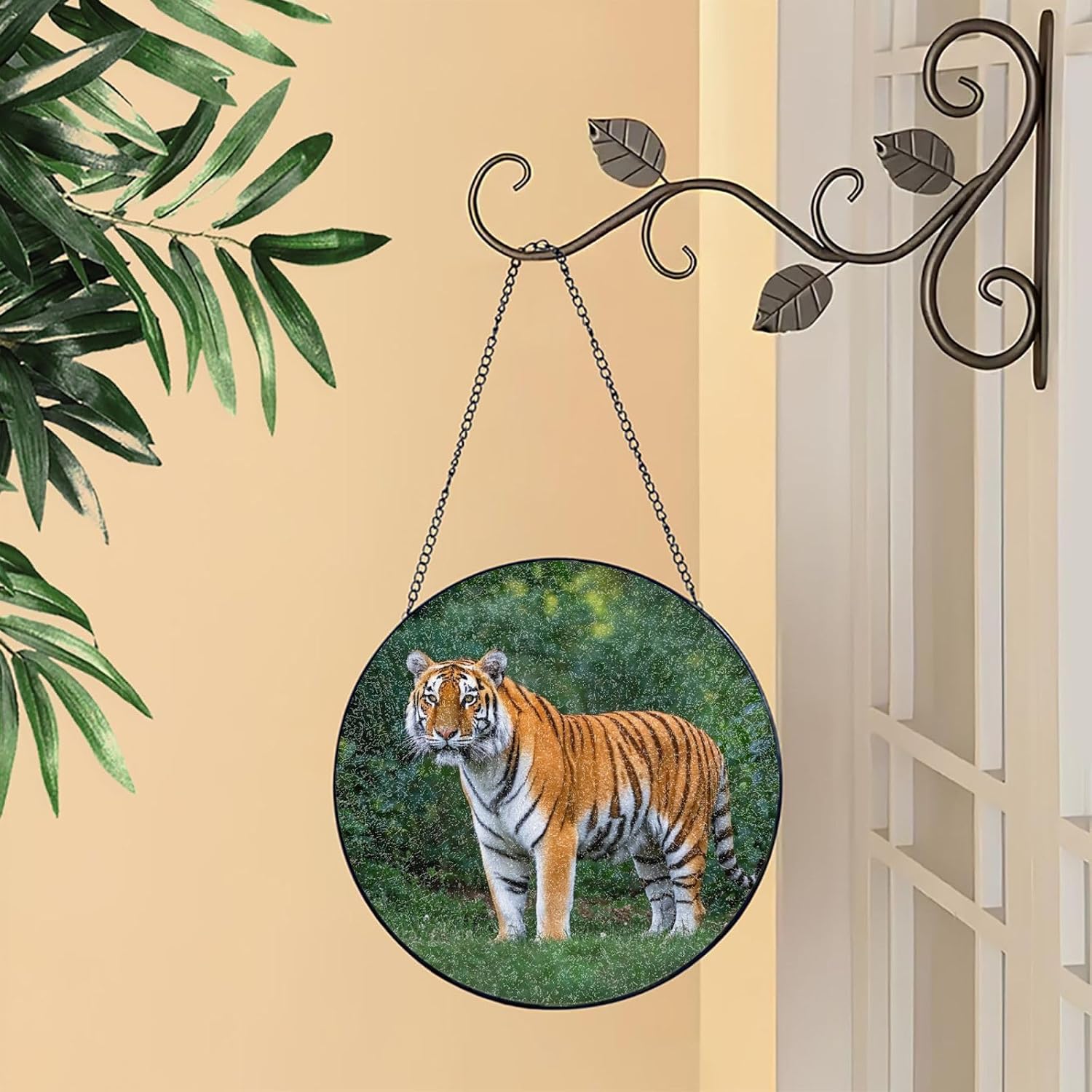 Stained Glass Window Hanging 12in Window Suncatcher Glass Panel with Metal Chain White Stripe Orange Tiger Sun Catchers Wall Art Home Decor Gift for Women Mother's Day