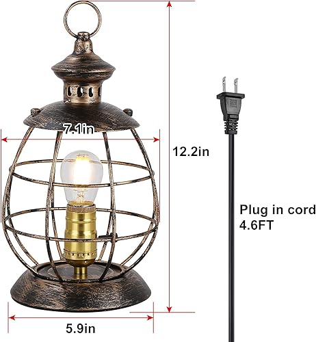 Miniatura 7 de Lámpara de mesa de linterna eléctrica industrial antigua para dormitorio, mesita de noche, pantalla de jaula de metal, lámpara de escritorio de