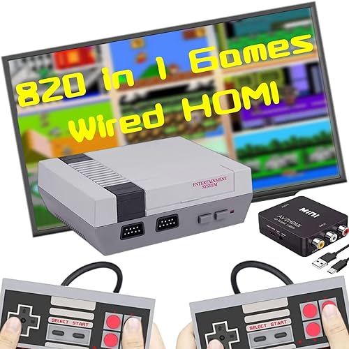 MIAFAEWEL Retro Gaming Console, Video Game Console Built-in 820 Games System, AV and HDMI Output Video Gaming Consoles with Dual Wired Controllers.