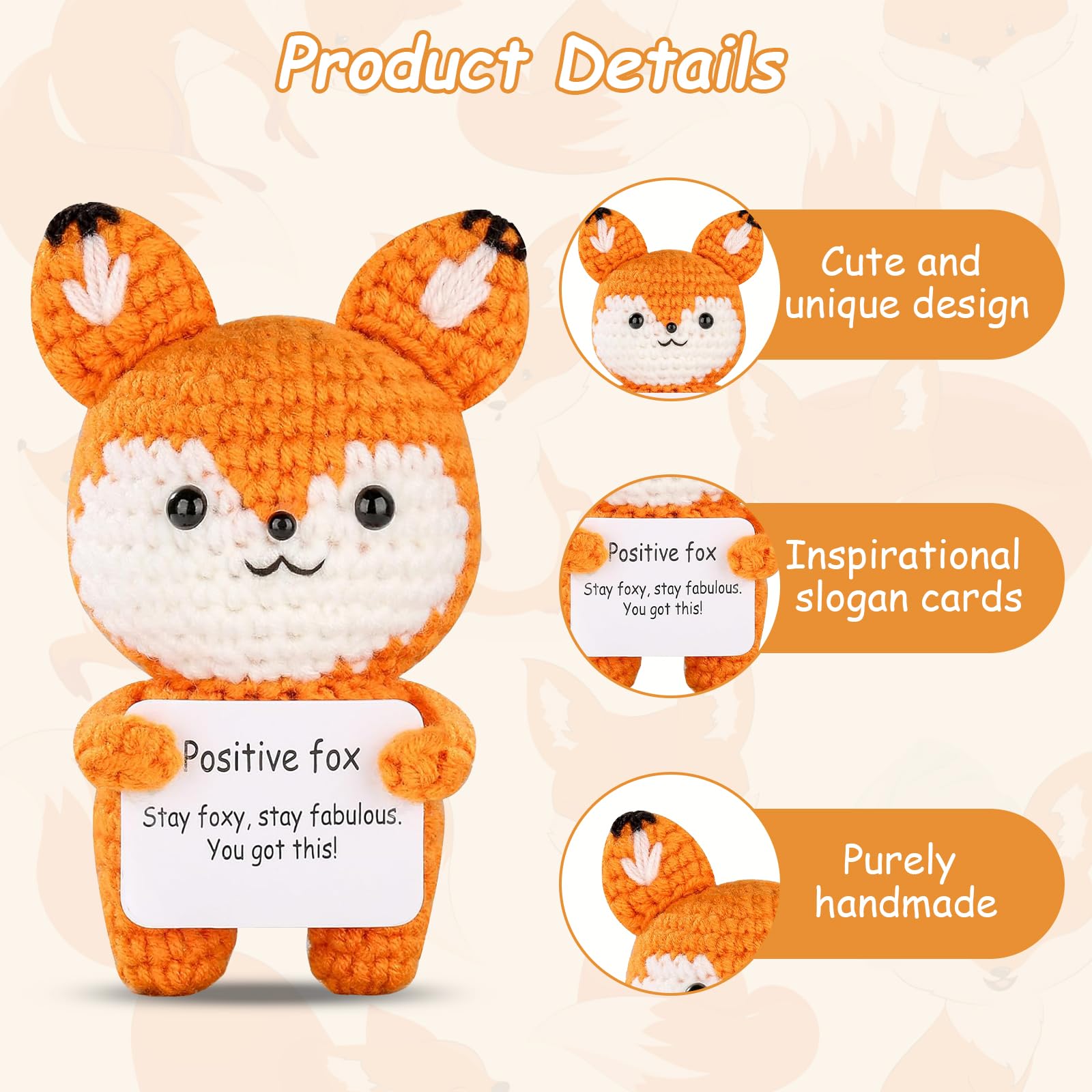 Hocklliy Mini Positive Crochet Animals Fox with Motivational Card,Handmade Funny Emotional Support Fox Gifts for Women Men Friend - Image 4