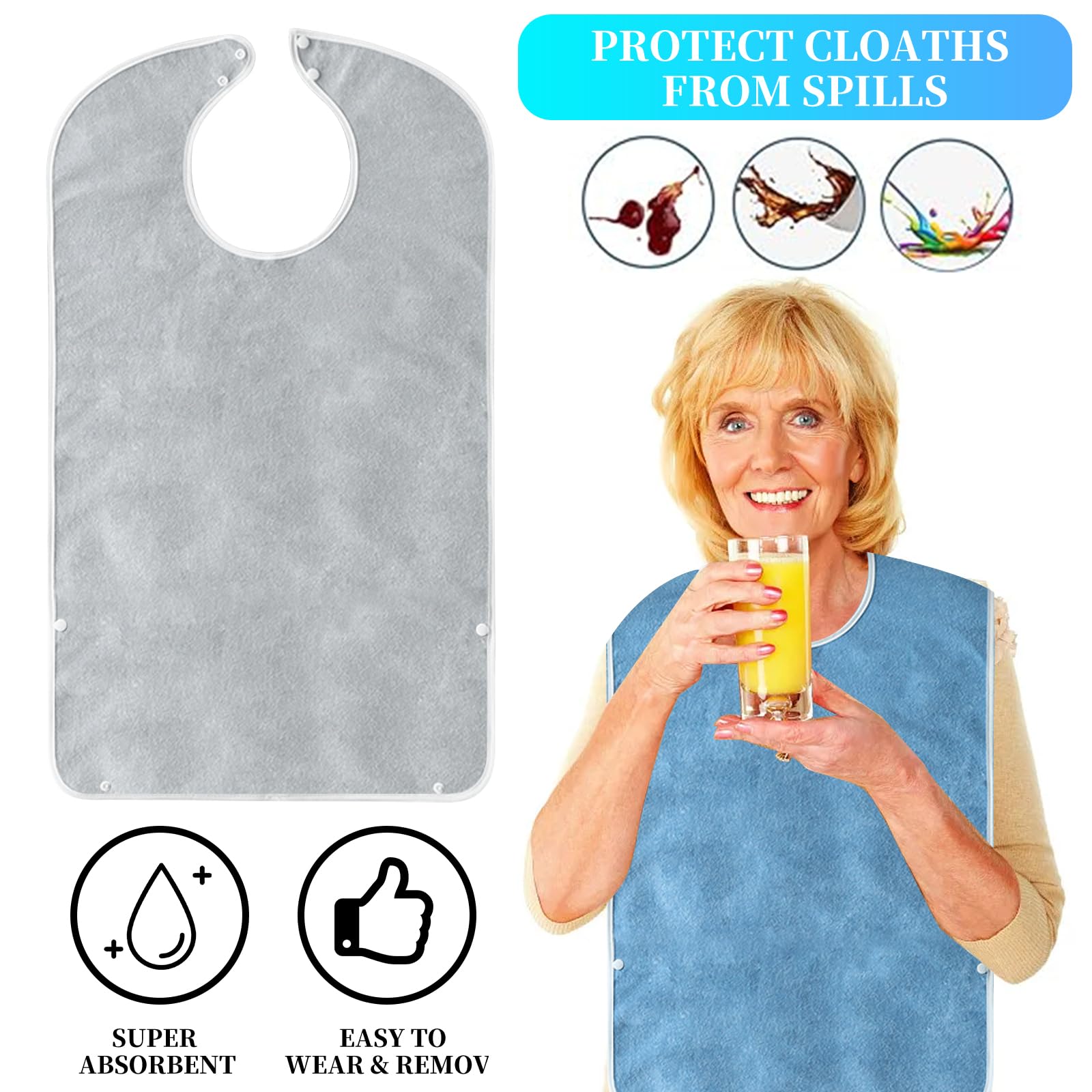 Baberos para adultos, paquete de 3 unidades, resistentes al agua, baberos para adultos, con botones de presión y guardabarros, protector de comida impermeable para hombres, mujeres, ancianos y