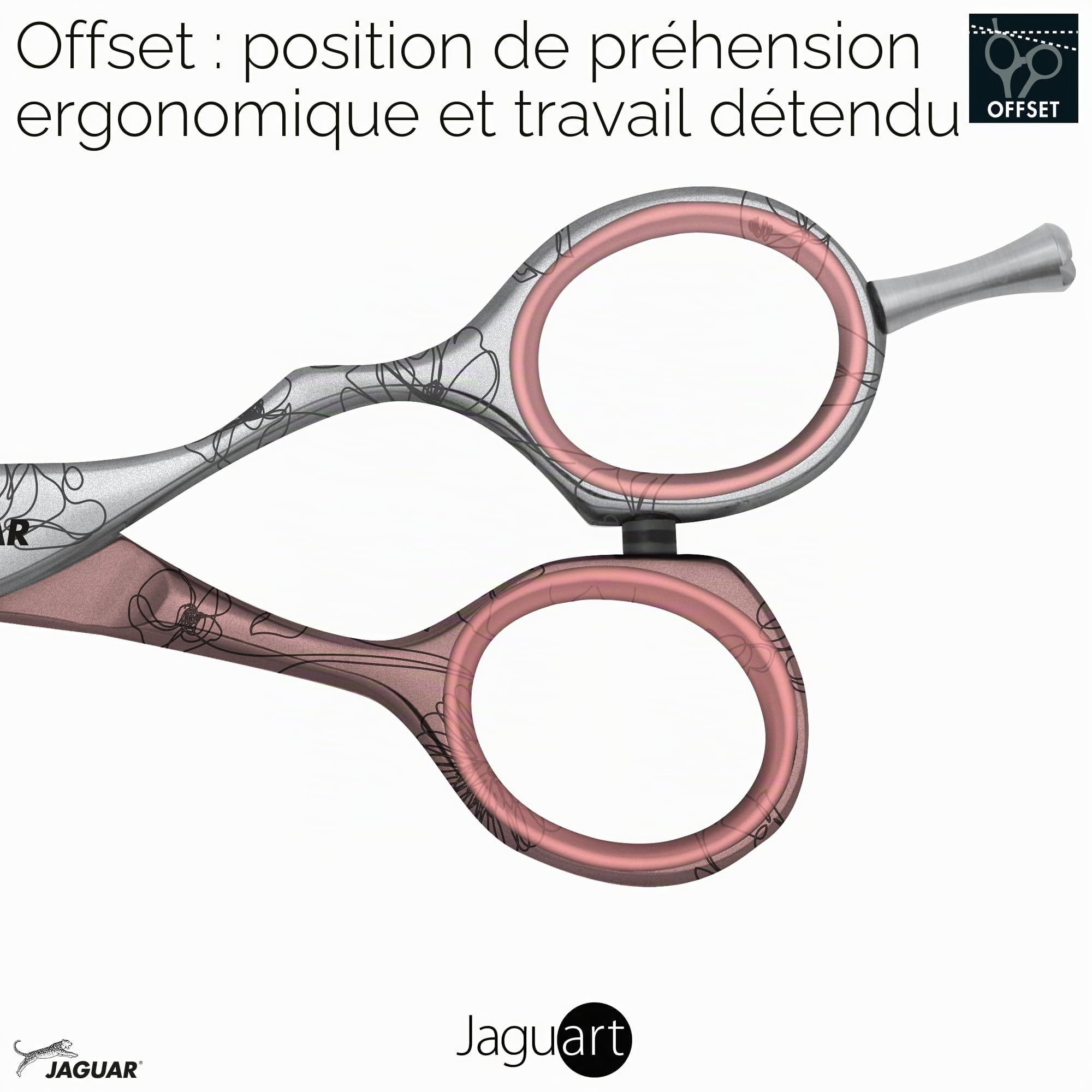 JAGUAR Ciseaux à cheveux JaguART TENDER LOVE 5.5" | Ciseaux de coiffeur en design offset | Revêtement high-tech anti-allergénique et résistant en qualité photo | Fabriqués en Allemagne