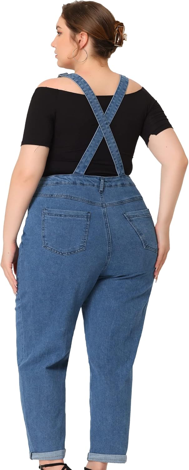 Agnes Orinda Women's Plus Size Casual Stretch Adjustable Denim Bib Overalls Jeans Pants Jumpsuits - Image 4