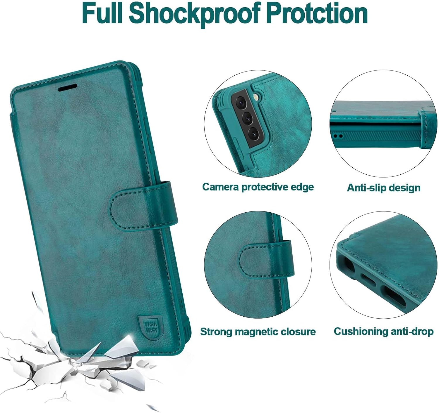 VANAVAGY Compatible for Galaxy S22 Wallet Case for Women Men, PU Leather Flip Cover with Wrist Strap for Wireless Charging with RFID Blocking Card Holder Screen Protector,Midnight Green