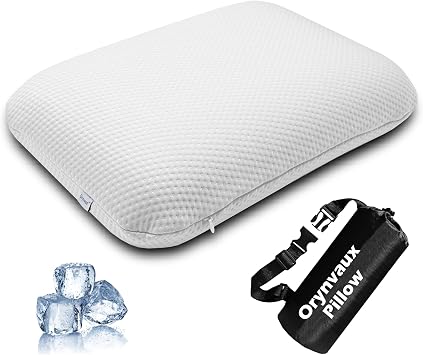 Cooling Camping Pillow, Memory Foam Travel Pillow with Adjustable Buckle Strap & Storage Bag, Compact Small Pillow for Airplane, Car Lumbar, Office, Washable Cooling Cover, Frost White