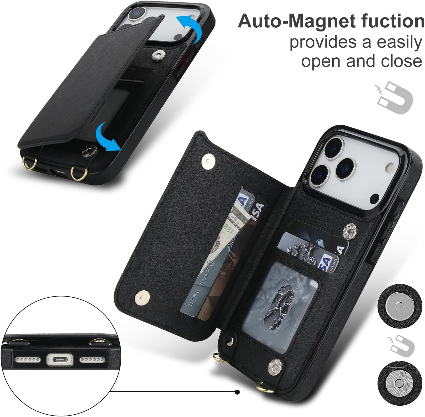 Wallet Case Compatible with iPhone 17 Pro Max, RFID Blocking Card Holder Magnetic Flip Folio Purse, Shockproof Leather Cover with Crossbody Strap Case for iPhone 17 Pro Max 6.9'' 2025 Black - Image 5