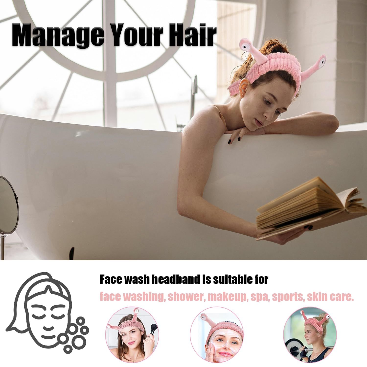 2 pcs Face Wash Headband, Palm and Snail Spa Hair Bands Makeup Headbands Women Cartoon Cute Elastic Headband - Image 4
