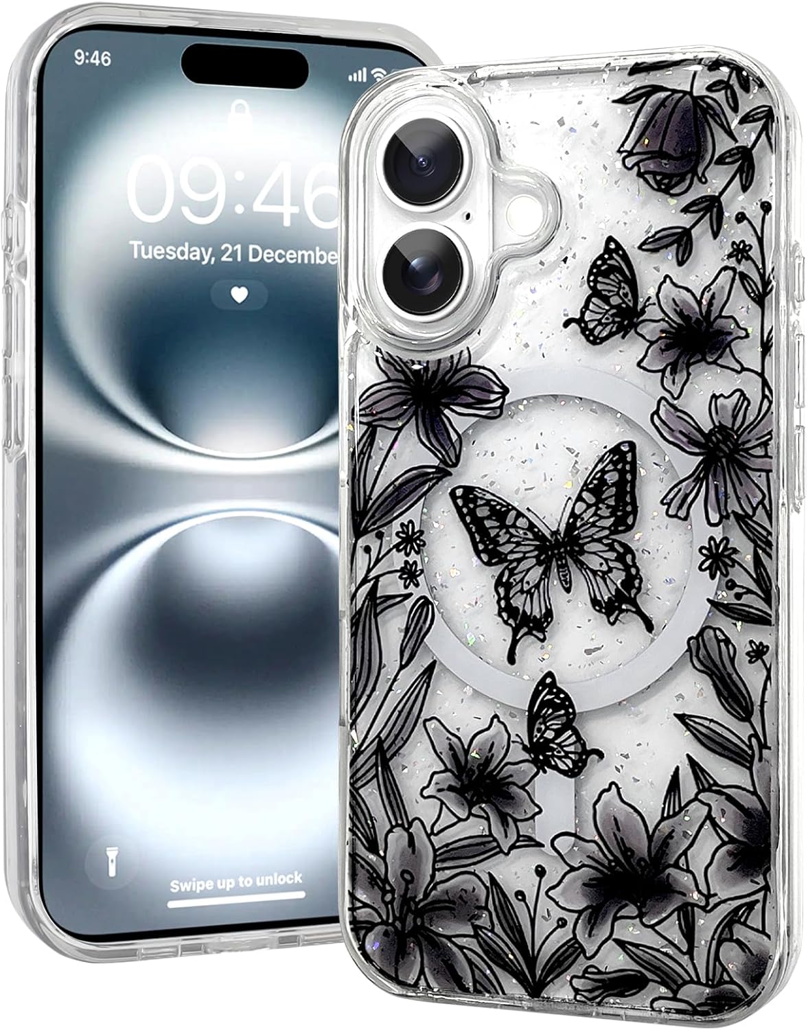 Magnetic for iPhone 16 Case [Compatible with MagSafe] Luxury Shiny Glitter Flower Floral Butterfly Pattern Design, Clear Sparkly Bling Shockproof Protective Cover for Women Girls