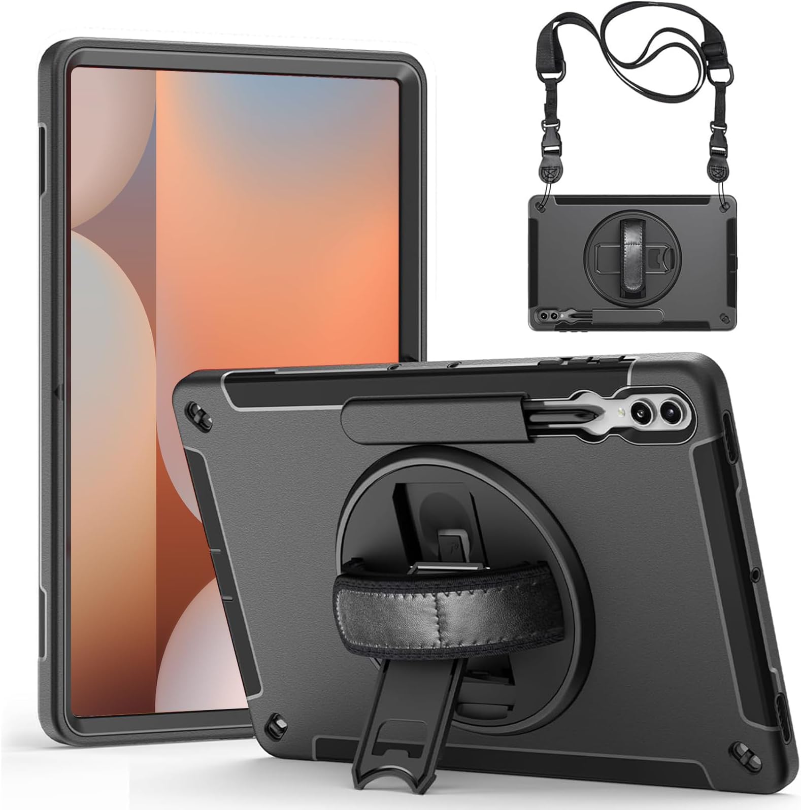 Junfire Protective Case for Galaxy Tab S10 Ultra 2025/S9 Ultra/S8 Ultra 14.6-inch, Rugged Shockproof Case with 360°Rotating Kickstand/S-Pen Holder/Hand Strap/Shoulder Strap-Black