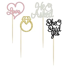 Gyufise 24 Pack Multicolor Glitter He Asked She Said Yes Cupcake Toppers Diamond Ring Heart Cake Picks for Wedding Engagement Party Table Decorations