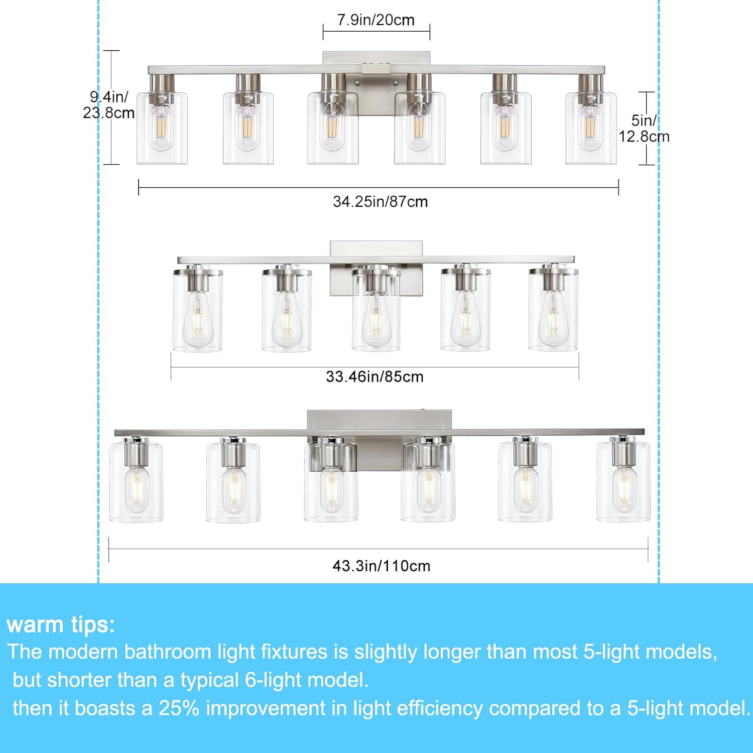 6 Light Bathroom Light Fixtures, Bathroom Vanity Light with Clear Glass, Brushed Nickel Bathroom Lighting Fixtures over Mirror, Large Vanity Lights for Bathroom, Vanity Lights for Mirror, Wall Sconce