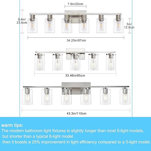 Miniatura 5 de 6 lámparas de baño, lámpara de tocador de baño con vidrio transparente, accesorios de iluminación de baño de níquel cepillado sobre espejo, luces de