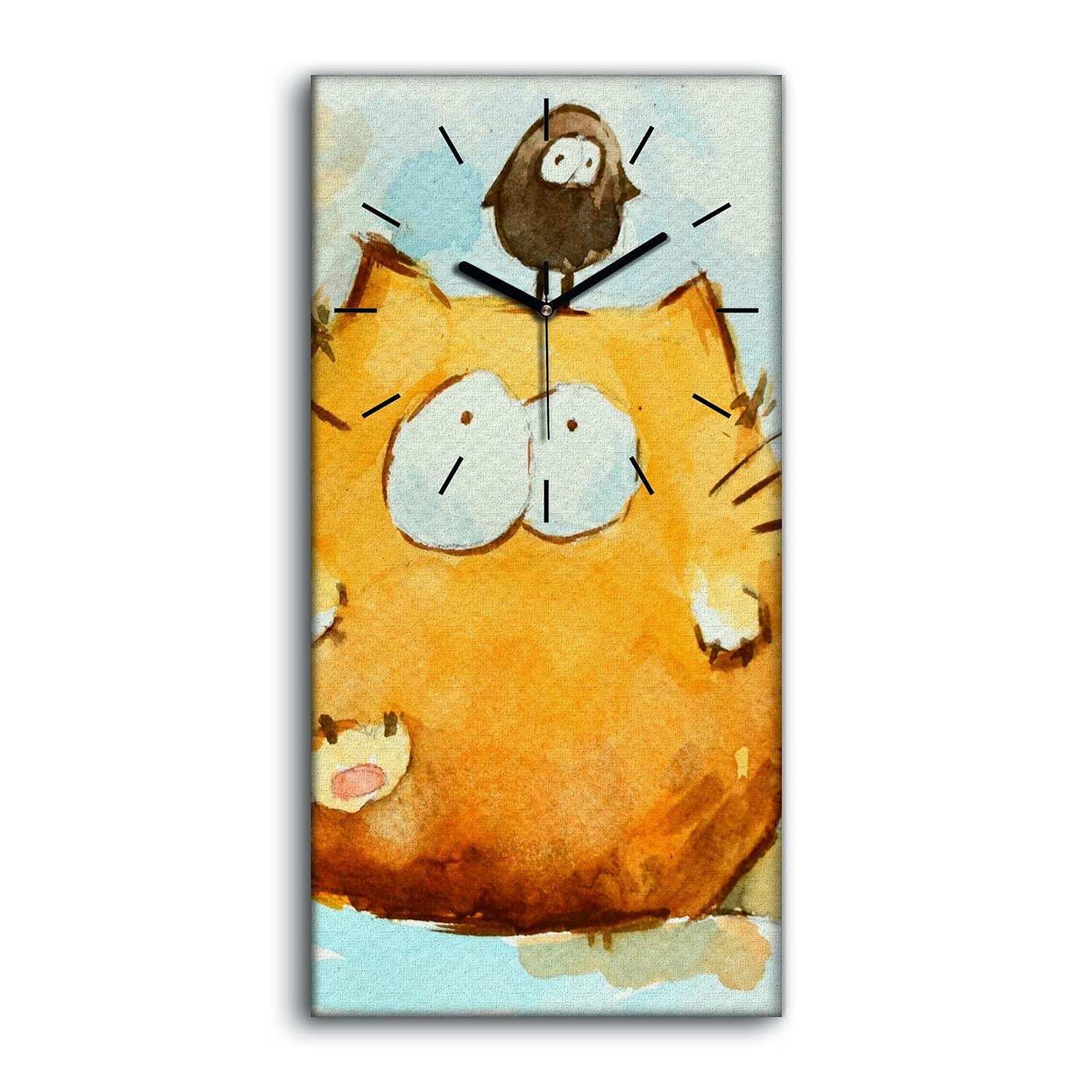 Horloge sur toile 30x60cm chat abstrait et aiguilles noires