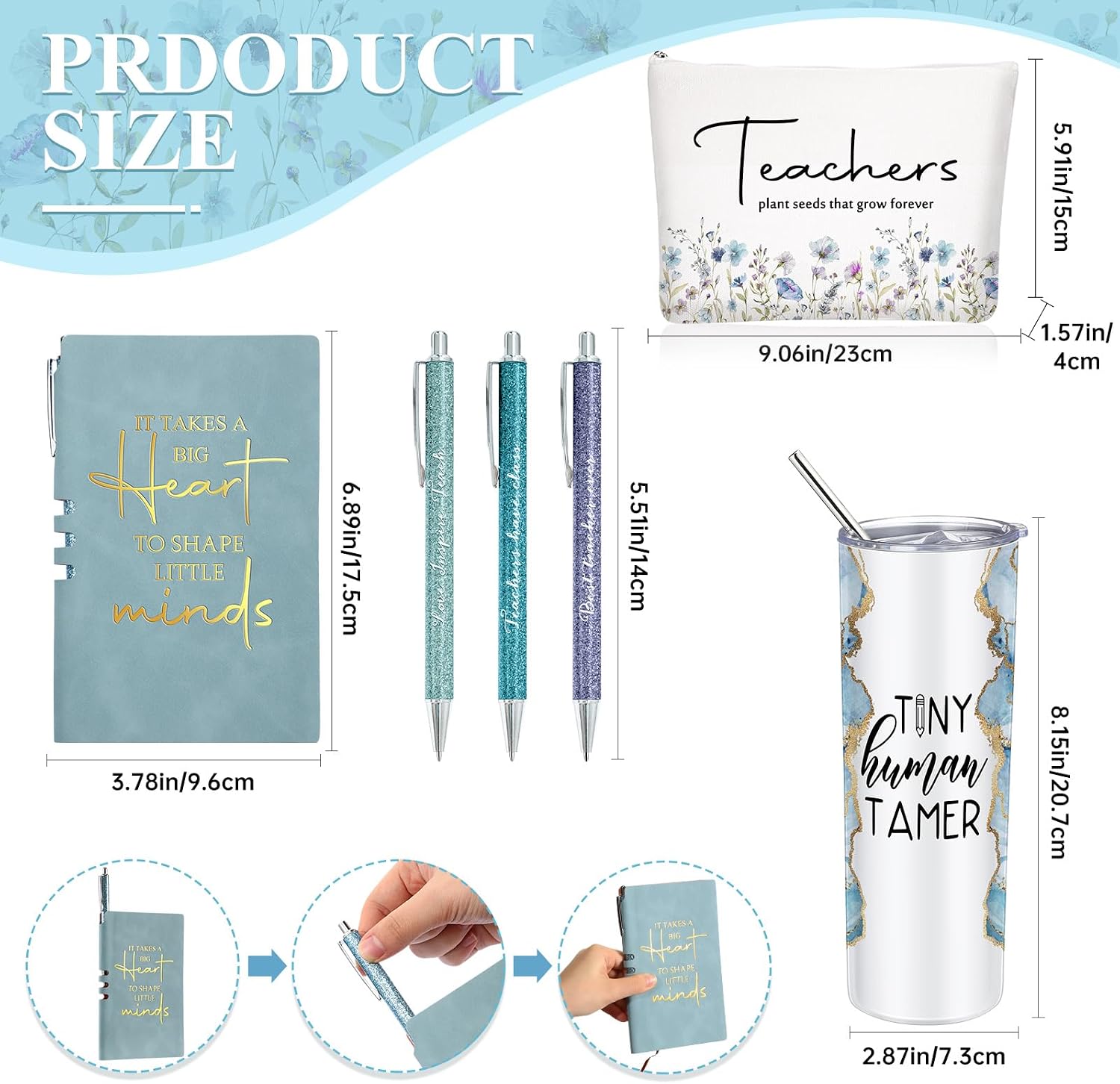 Domensi 6 Pcs Tiny Humans Teacher Week Appreciation Gift Set Tiny Human Tamer Gifts Babysitter Daycare Preschool Gift 20 oz Marble Tumbler Makeup Bag Journal Ballpoint Pen Kindergarten Teacher