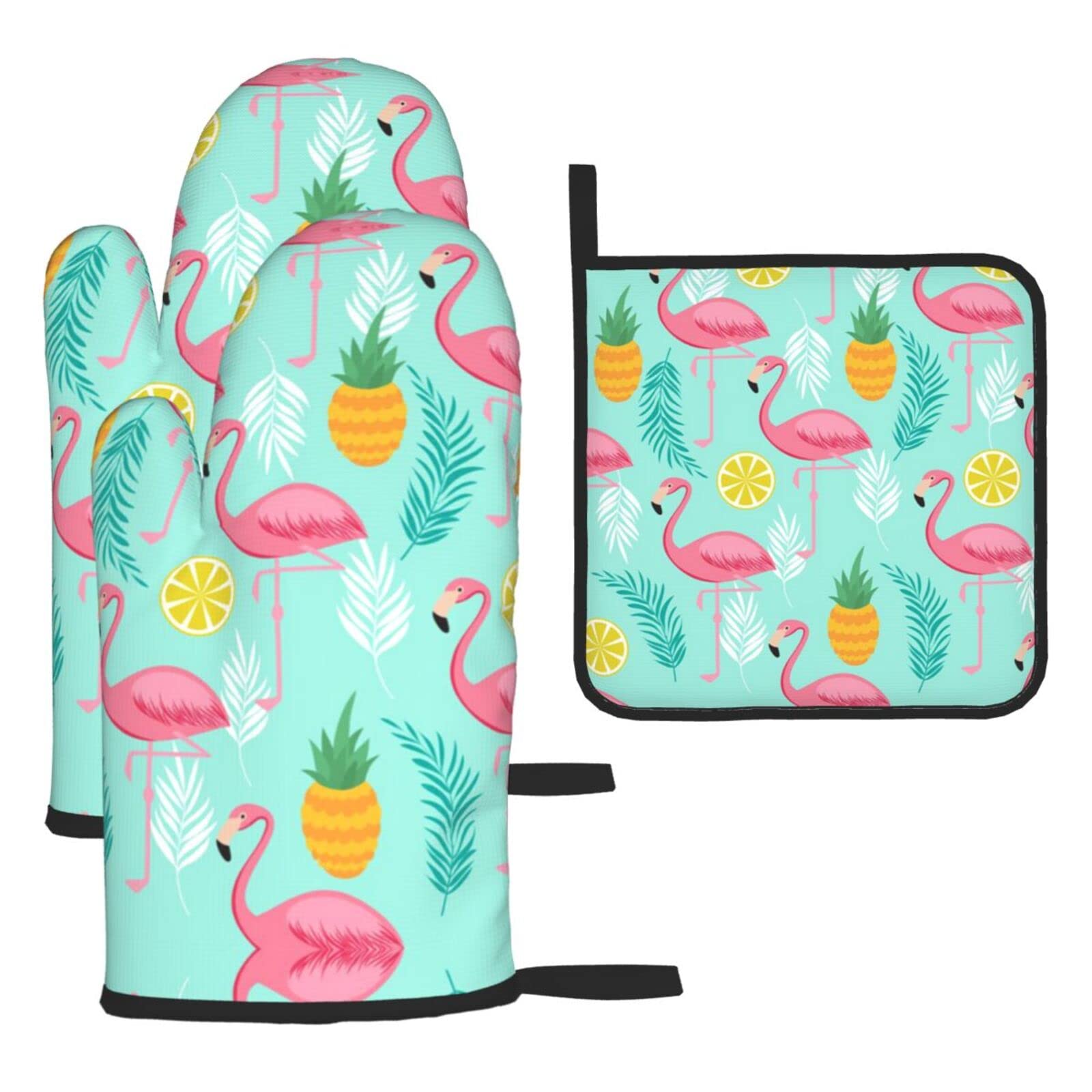 Flamingo Oven Mitts and Pot Holder Kitchen Set for Grilling, Cooking, Baking, Heat Resistant