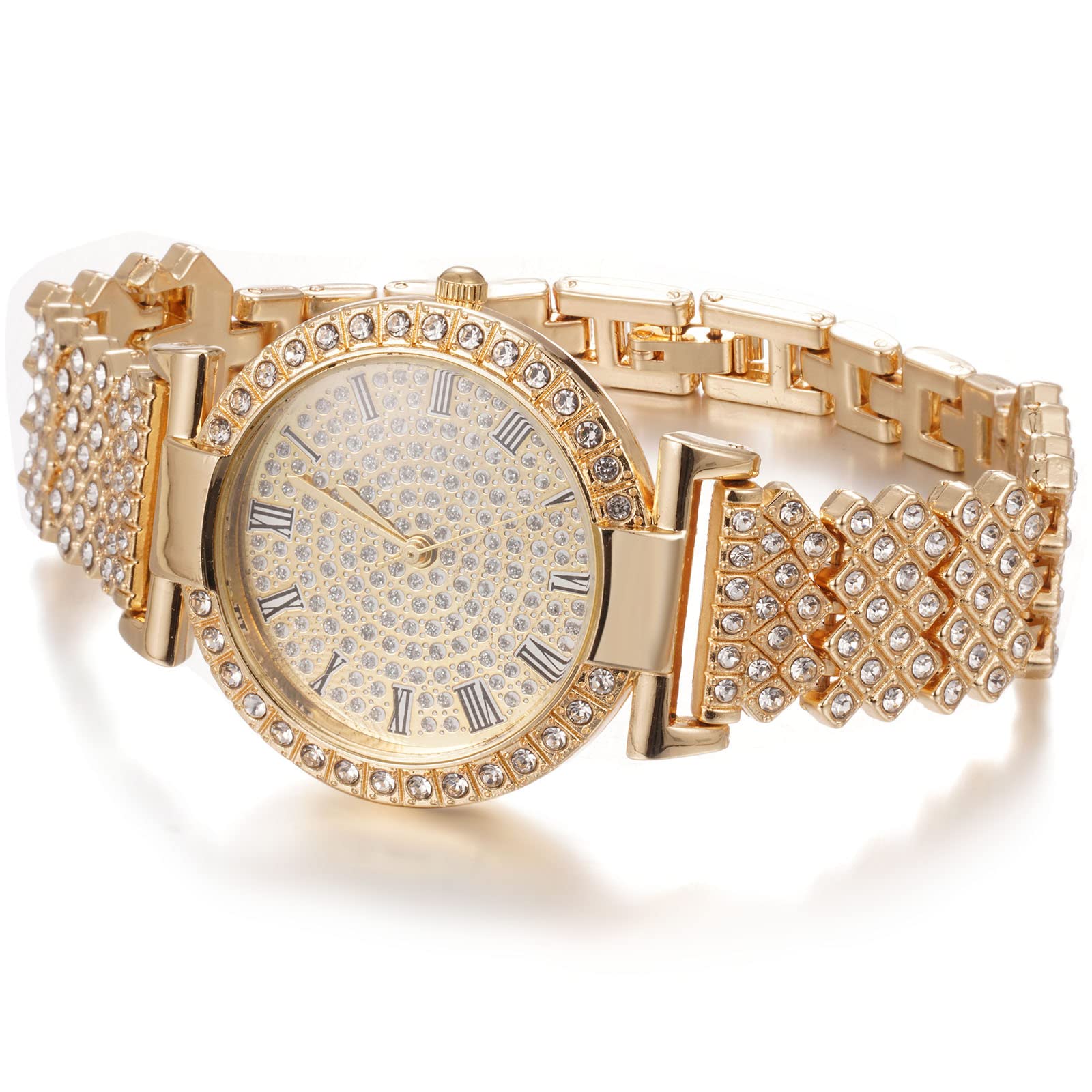 HALUKAKAH Diamenty złoty zegarek Iced Out, damski 18-karatowe prawdziwe złoto/różowe złoto/platynowy biały pozłacany 33 mm szerokość okrągła tarcza kwarcowa opaska na nadgarstek 19 cm z kubańskim