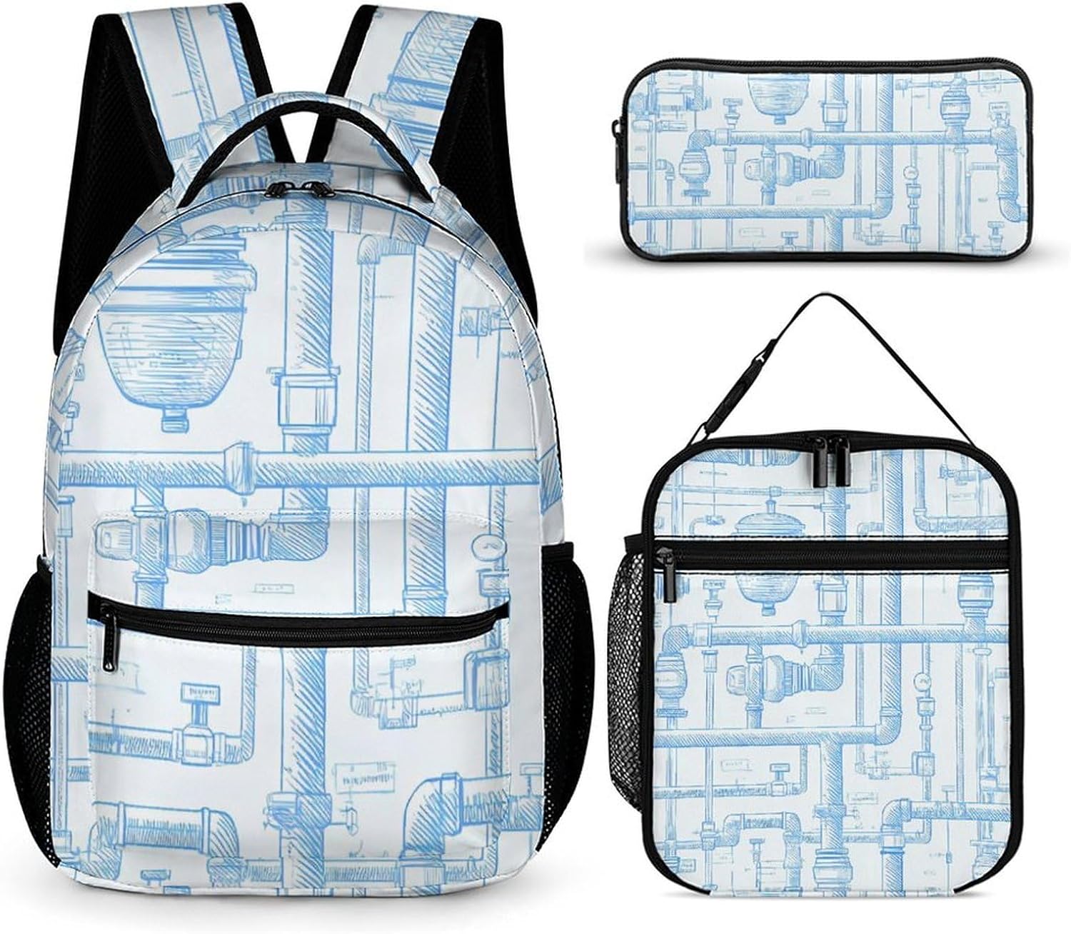 Plumbing Pattern Funny Backpack Set Lunch Bag Makeup Bag 3 in 1