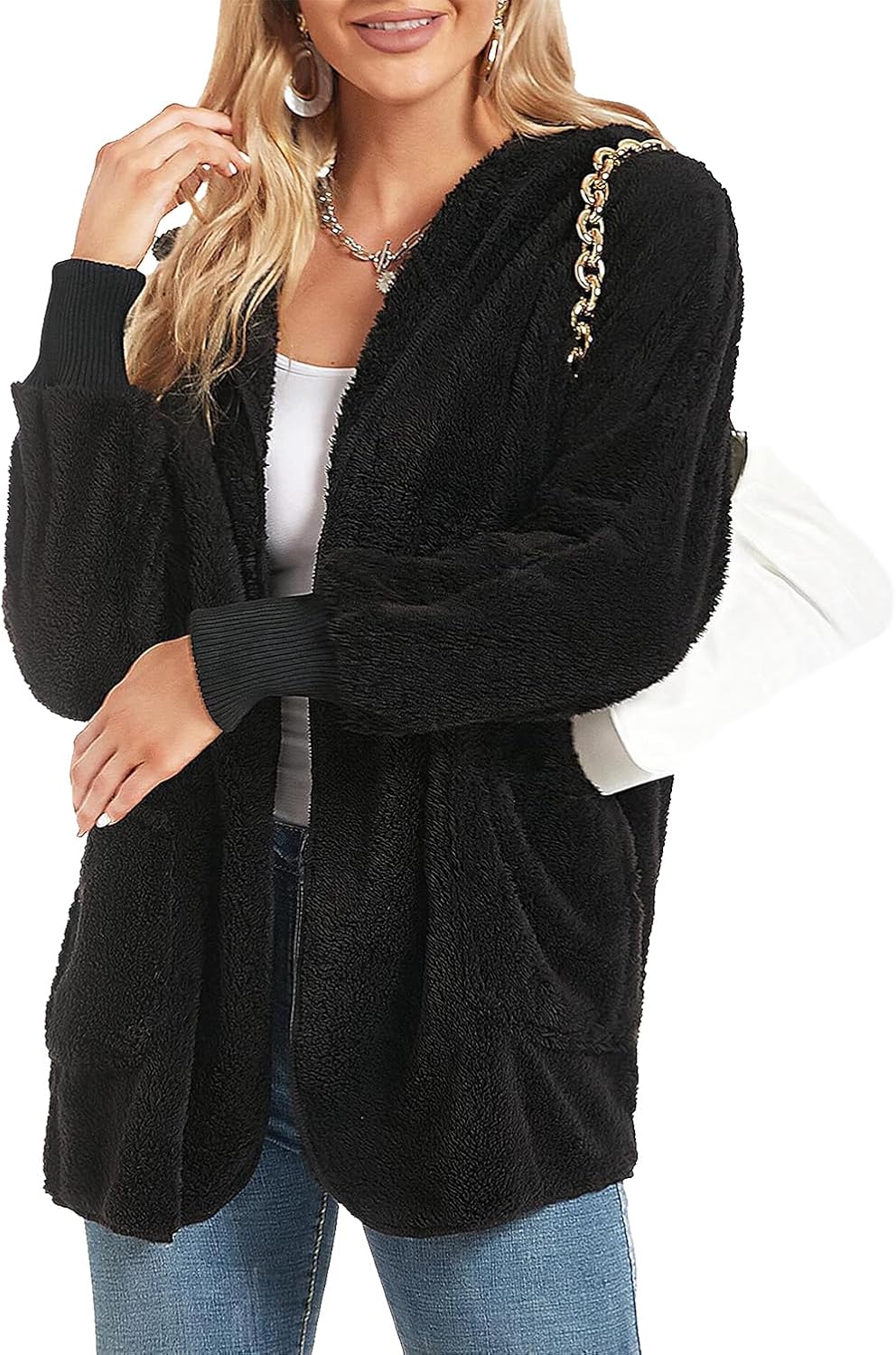 Womens Fuzzy Jacket Hooded Cardigan Open Front Sherpa Coat with Pockets
