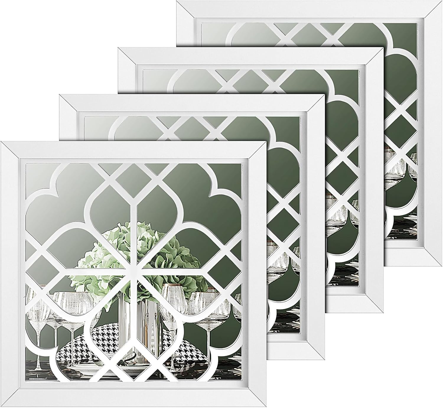 Tatuo 4 Pcs Square Wall Mirror Rustic Farmhouse Decorative Hanging Mirrors for Living Room Bedroom Kitchen Bathroom Entryway, 12 x 12 Inch(Pure White)