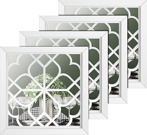 Tatuo 4 espejos cuadrados de pared, magnífico espejo rústico para decoración de baño, dormitorios y salas de estar, 12 x 12 pulgadas (blanco puro)
