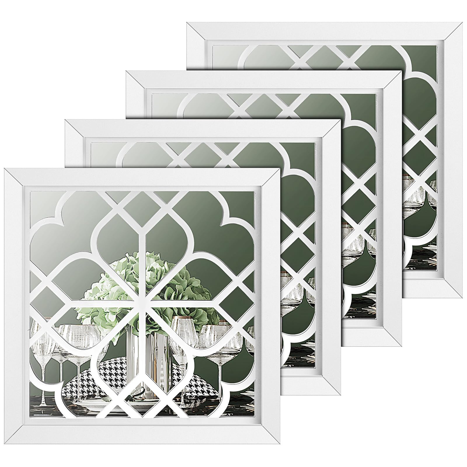 Tatuo 4 Pcs Square Wall Mirror Rustic Farmhouse Decorative Hanging Mirrors for Living Room Bedroom Kitchen Bathroom Entryway, 12 x 12 Inch(Pure White)