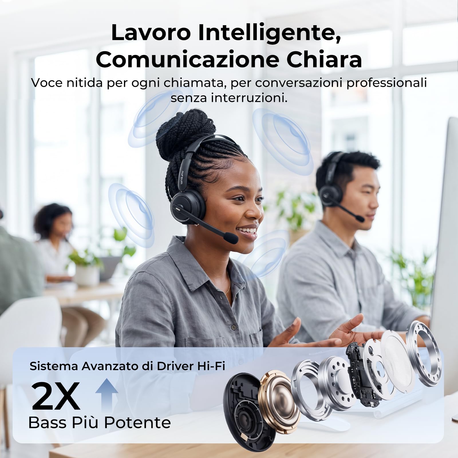 Nuroum HP31S 2026 Cuffie con Microfono Bluetooth,Cuffie Wireless ENC a Cancellazione di Rumore,Stazione di Ricarica, Dongle,USB-A&C,Bluetooth 5.4, 45H per Cuffie Call Center/Lavoro/Camion/Chiamate
