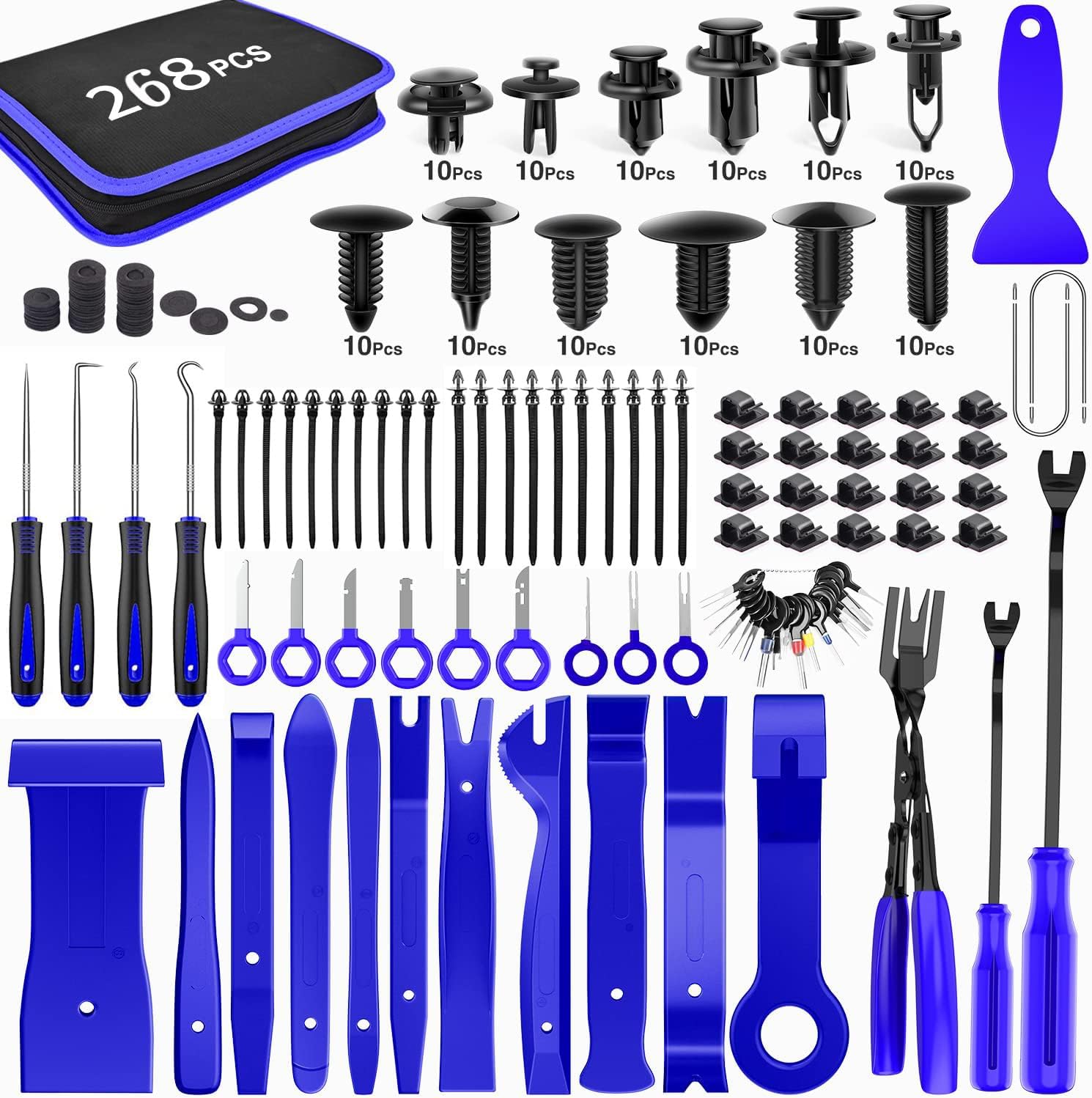 268Pcs Trim Removal Tool Auto Push Pin Bumper Retainer Clip Set Fastener Terminal Remover Tool Adhesive Cable Clips Pry Kit Car Panel Radio Removal Auto Clip Pliers for Panel Audio, Dash, Window