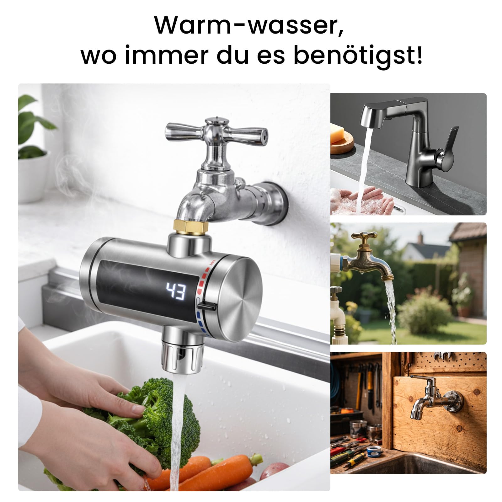 Elektrischer Universal Durchlauferhitzer – Kompakt Sofort Warmes Wasser Im Außenbereich Wasserhahn Für Draußen Garten, Garage, Outdoor Dusche, Werkstatt, Camping Dusche Etc. | 220–240 V