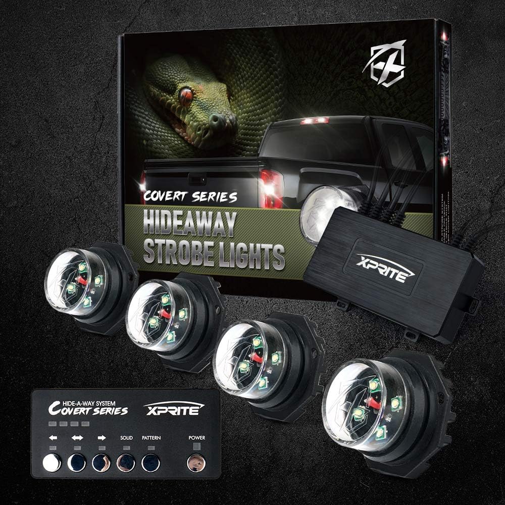 Contents of the Xprite Hideaway Strobe Lights kit, including four light heads and the control unit.