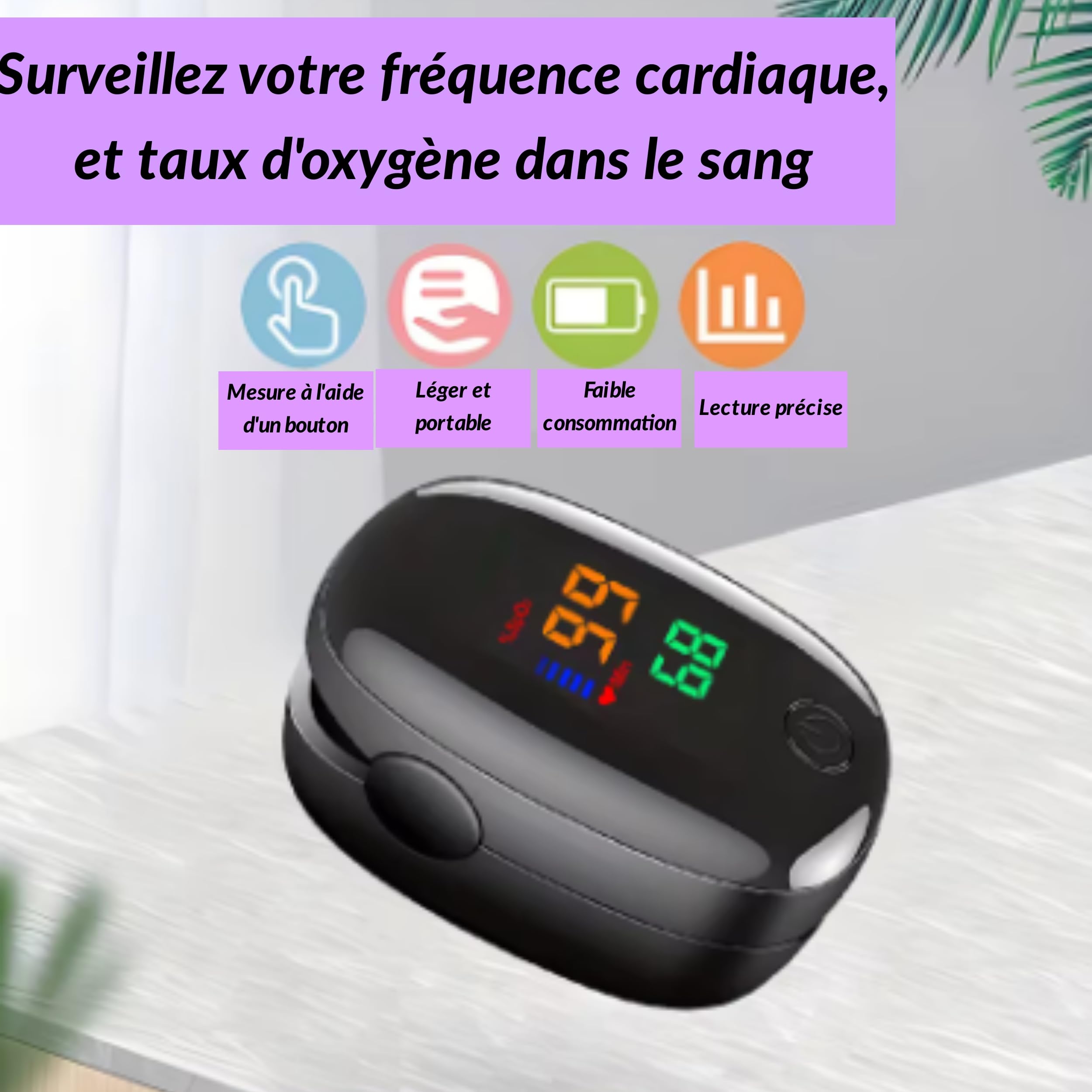 Oxymètre de Doigt Professionnel, Saturomètre SPO2 avec Écran LED, Mesure rapide de Saturation Oxygène et Fréquence Cardiaque, etui de protection + Piles Incluses, Idéal pour sportifs (noir)