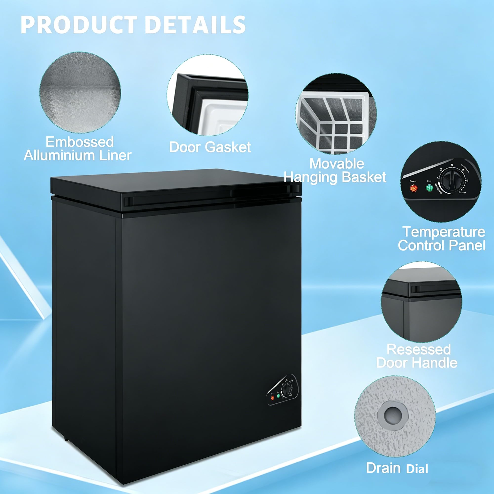 Compact Deep Freezer, 3.6 Cu Ft Chest Freezer with 6 Adjustable Thermostat, Top Open Door Freezer with Removable Basket, Energy Saving Freezer for Home, Apartment, Office, Black