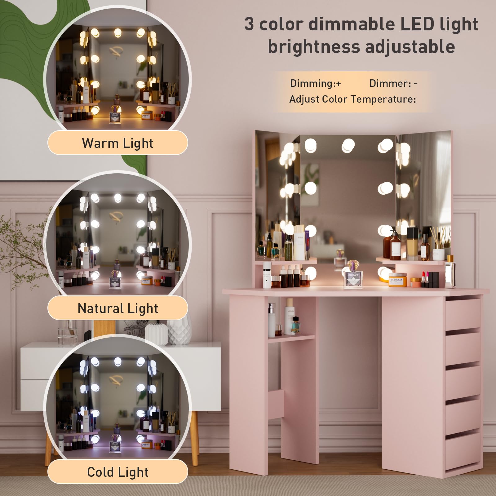 Likein Corner Vanity Desk - Vanity Desk with 4 Drawers and Mirror, Makeup Vanity with Lights, Vanity Table Makeup Desk with Mirror for Women Girls Bedroom, Pink