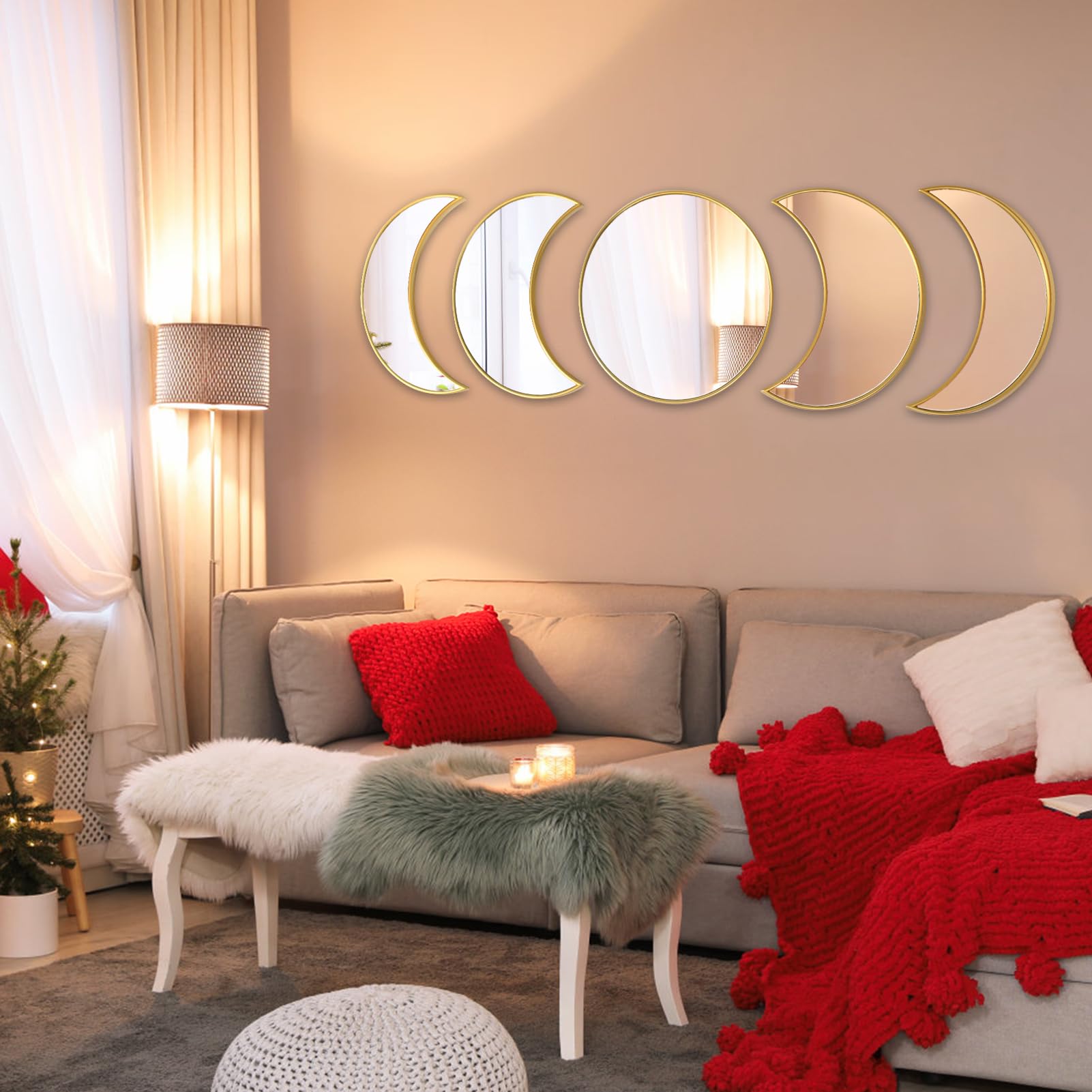 JAMBALAY Moon Phase Mirror Set, 5 Pieces Glass Mirror Wall Hanging Decor, Bohemian Natural Scandinavian Home Decor, Moon Phase Decorative Mirror for Bedroom Aesthetic, Living Room Decor, Gold