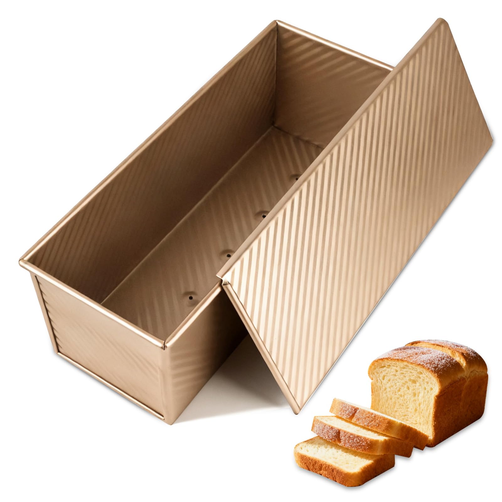 Gold Toast - Molde para hornear con tapa, 33 x 13 x 12 cm, antiadherente, acero al carbono, 1000 g, con orificios de ventilación, para pan, pasteles