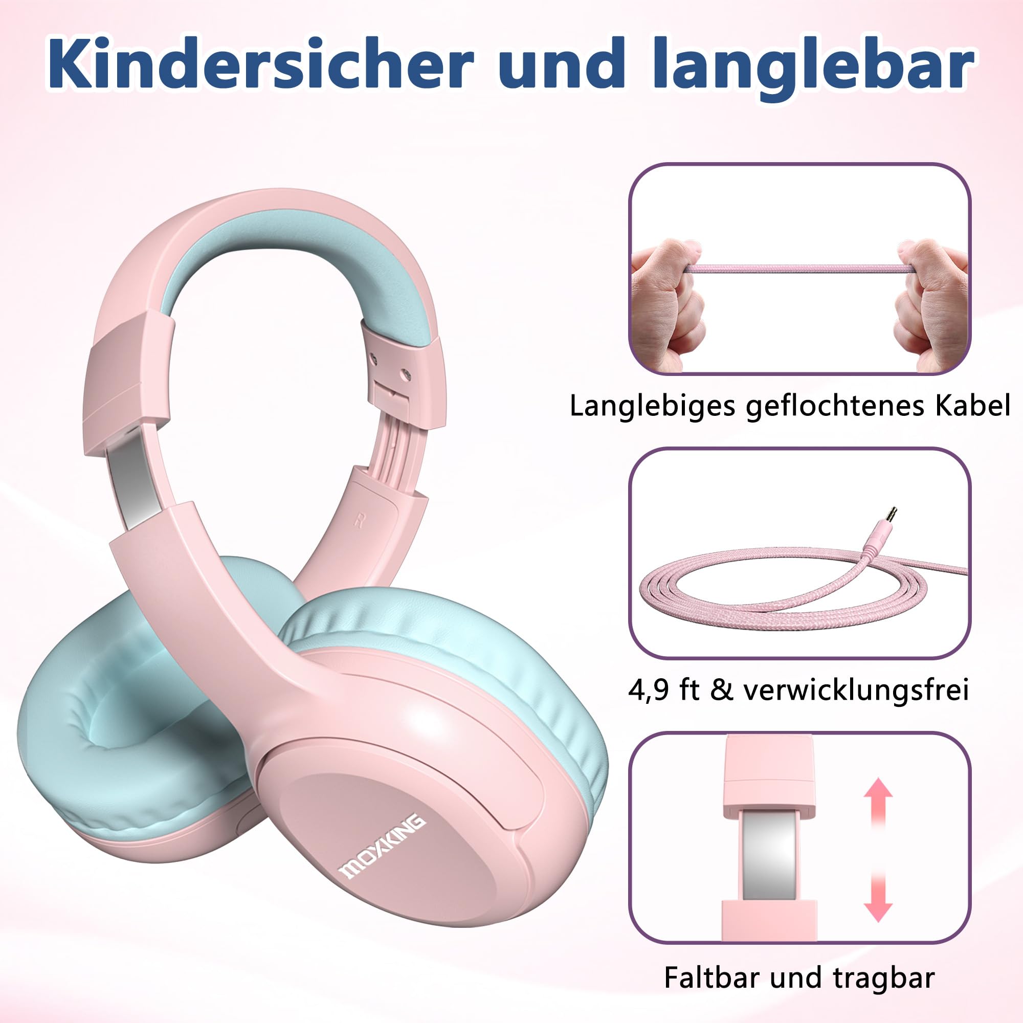 Kinder Over-Ear Kopfhörer mit Kabel und Mikrofon, Lautstärkebegrenzung 85/94 dB, Faltbares Design, für Mädchen & Jungen, Rosa, 3,5mm
