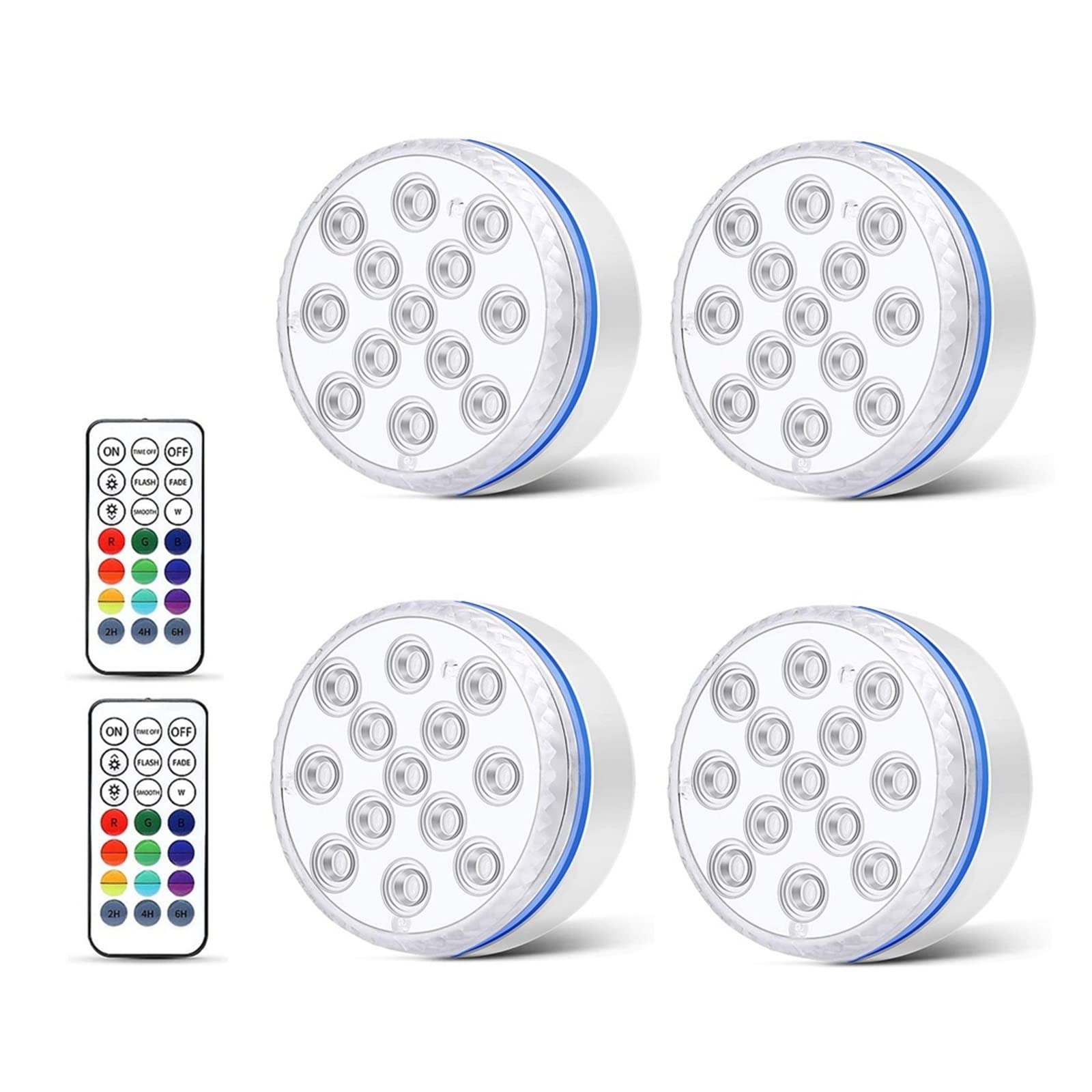 Luces Led de buceo con Control remoto, luz subacuática for piscina, imán IP68, lámpara brillante 13 LED RGB for estanque/piscina/acuario Resistentes Al Agua Seguras(4 Light 2 Controller,7.0CM)