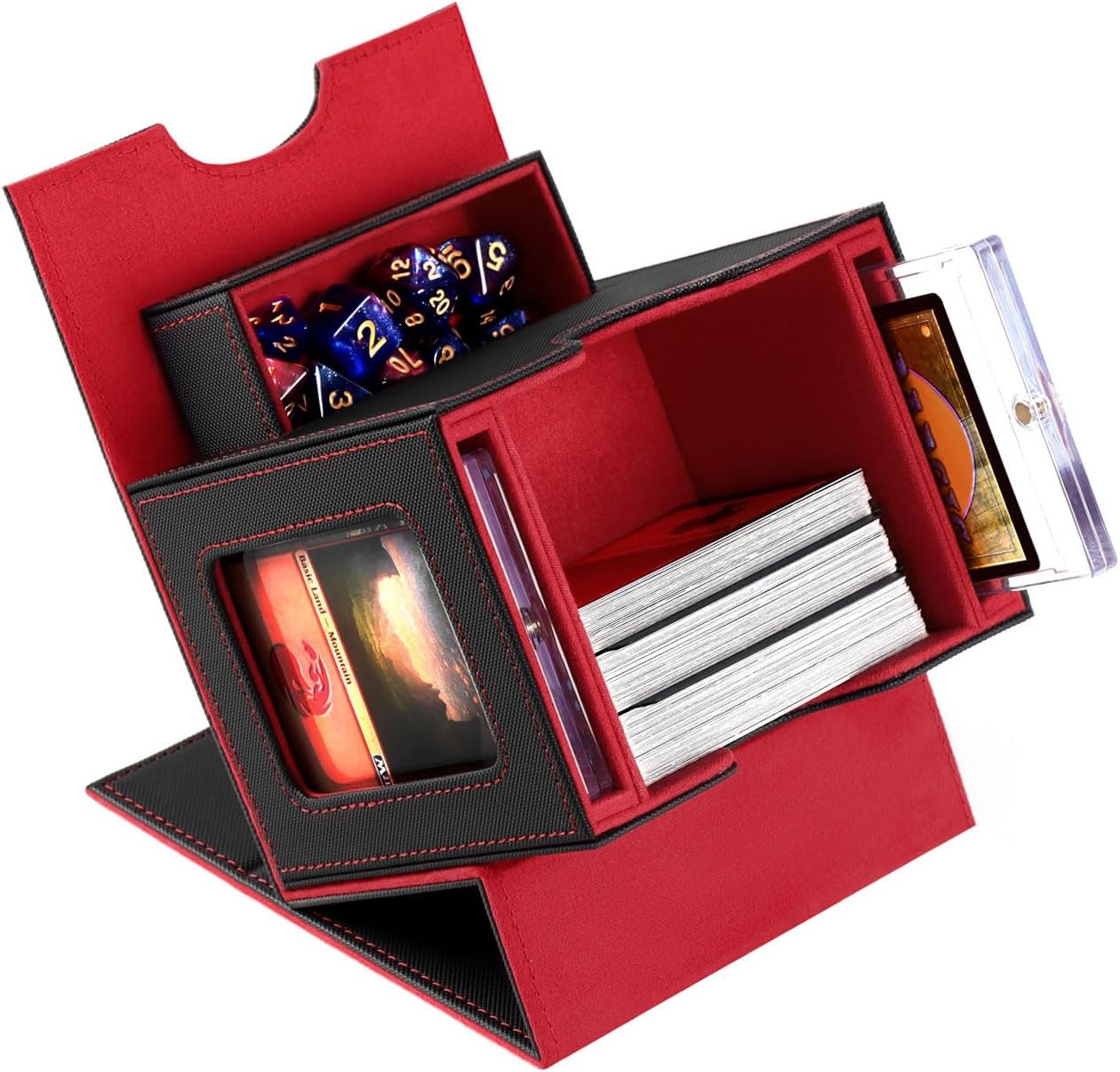 Card Deck Box for MTG with Commander Display Fits 100 Double-Sleeved Cards, Deck Case for EDH/TCG/Sports Cards with 2 Magnetic Card Holders (Black Red)