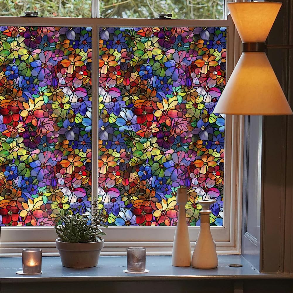 16“x118 Colorful Stained Glass Double Side Window Films Art Decorative Window Privacy Tinting Film Self-Adhesive Static Glass Window Clings Stickers for Living Room Bathroom Glass Windows Decor