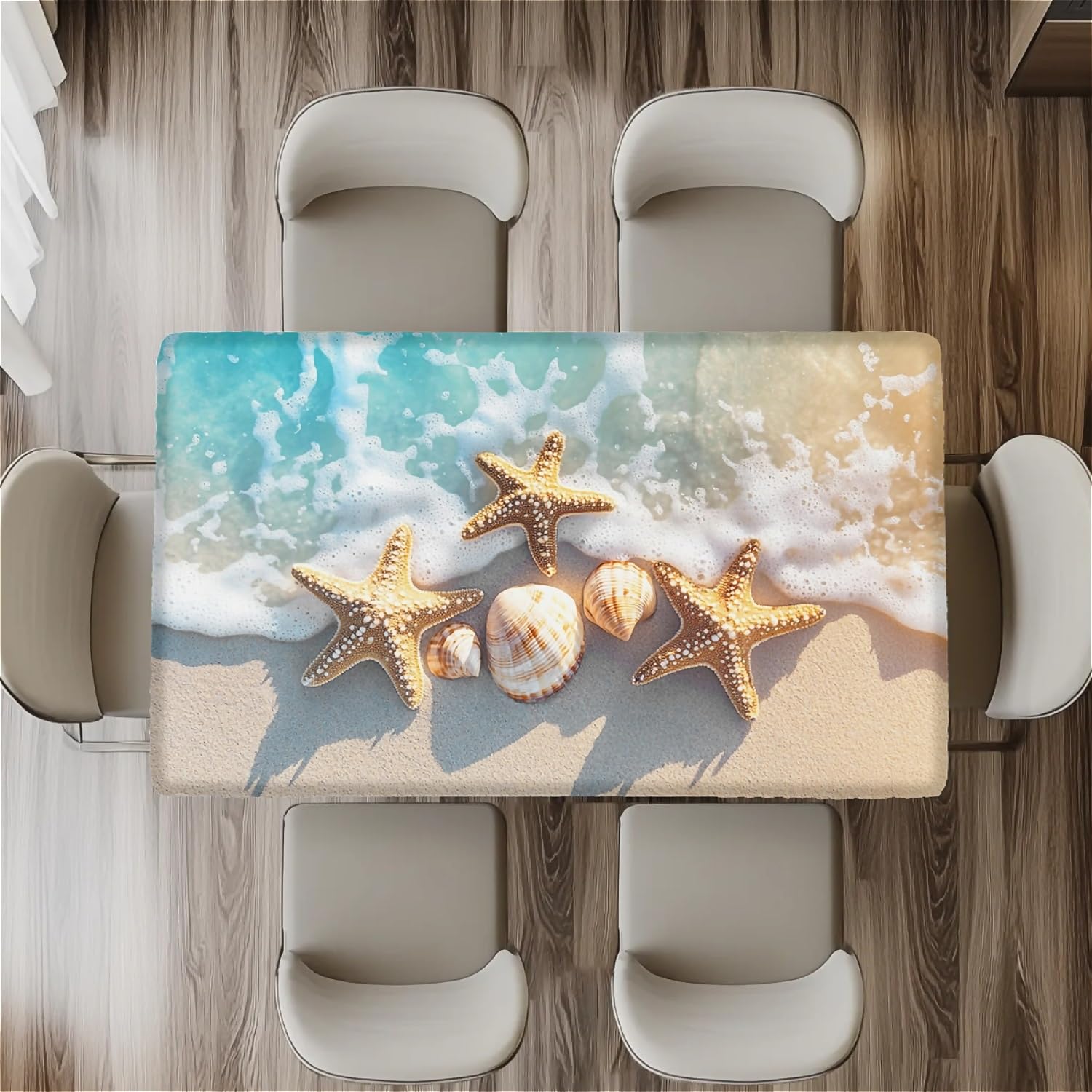 artslion Rectangle Waterproof Tablecloths Elastic Edge for Secure Fit-30 x 72 inch Wipeable Table Cover Non-PVC Fabric Seaside starfish Designs Indoor Outdoor Use - Image 4