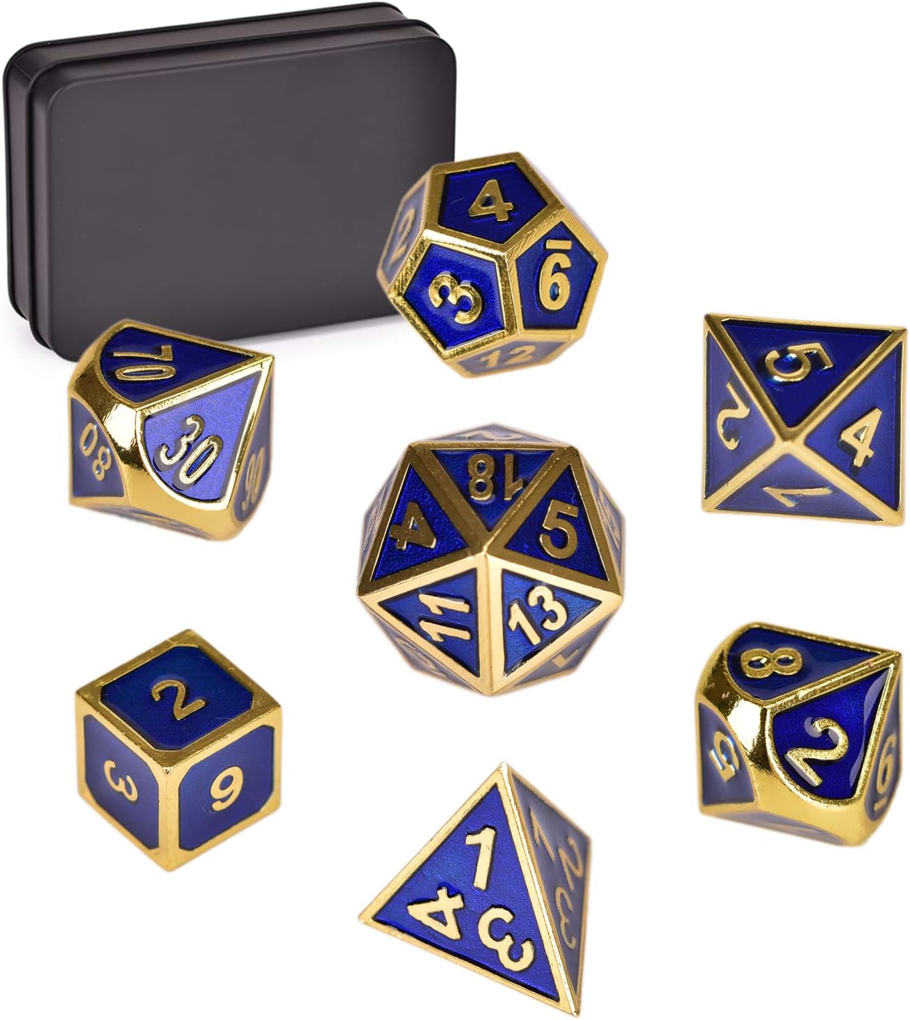 Zinc Alloy Metal Dice Polyhedral Dice 7PCS D20 D12 D10 D8 D6 D4 for Dungeons and Dragons DND RPG MTG Table Games and Math Teaching with Metal Box(Blue Gold)