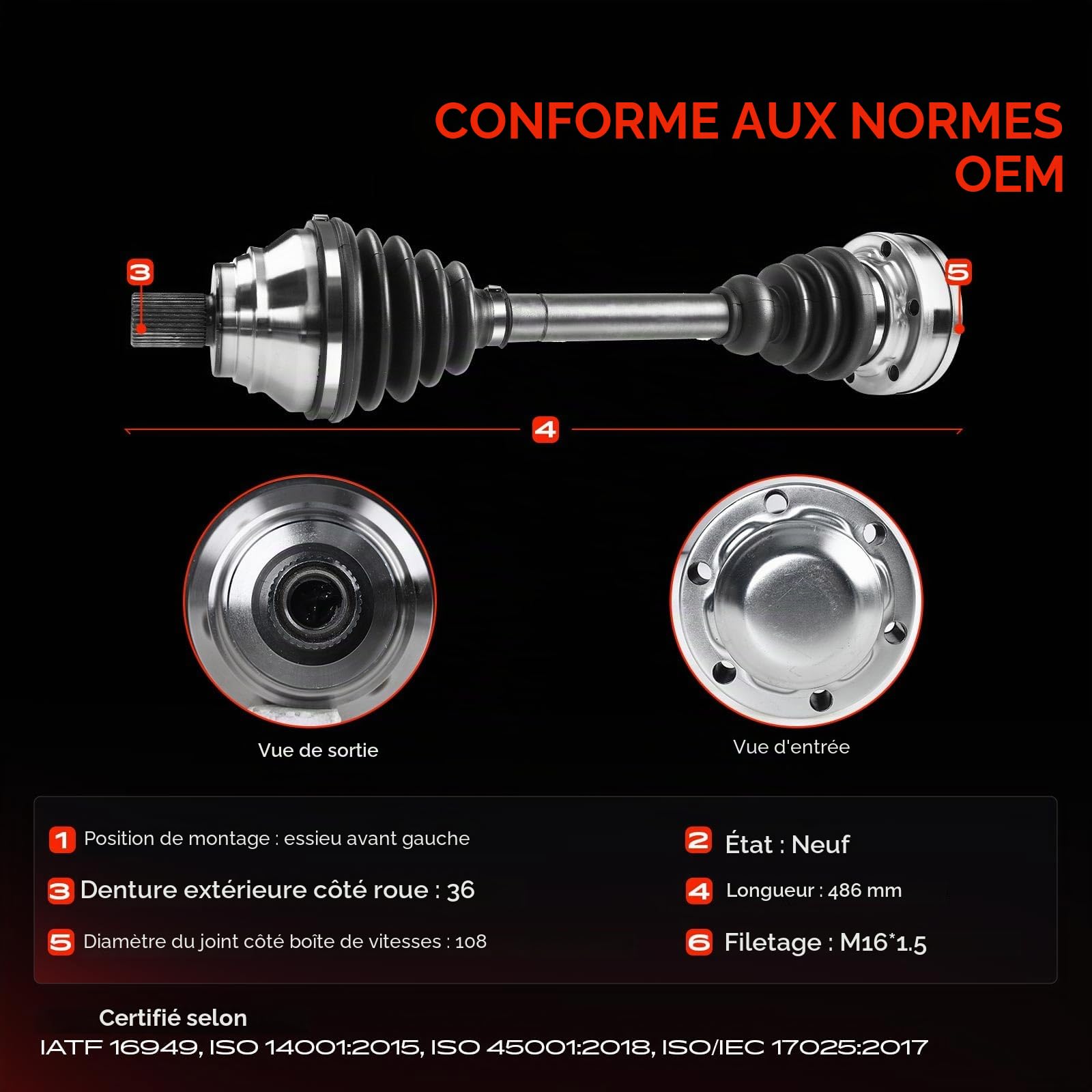 Frankberg Arbre de Transmission sans Couronne ABS Avant Gauche Compatible avec A3 8P1 Golf VI 5K1 Pas.sat CC 357 Tou.ran 1T1 1T2 1T3 Oct.avia II 1Z3 1Z5 Leon 1P1 Remplacer# 3C8407271