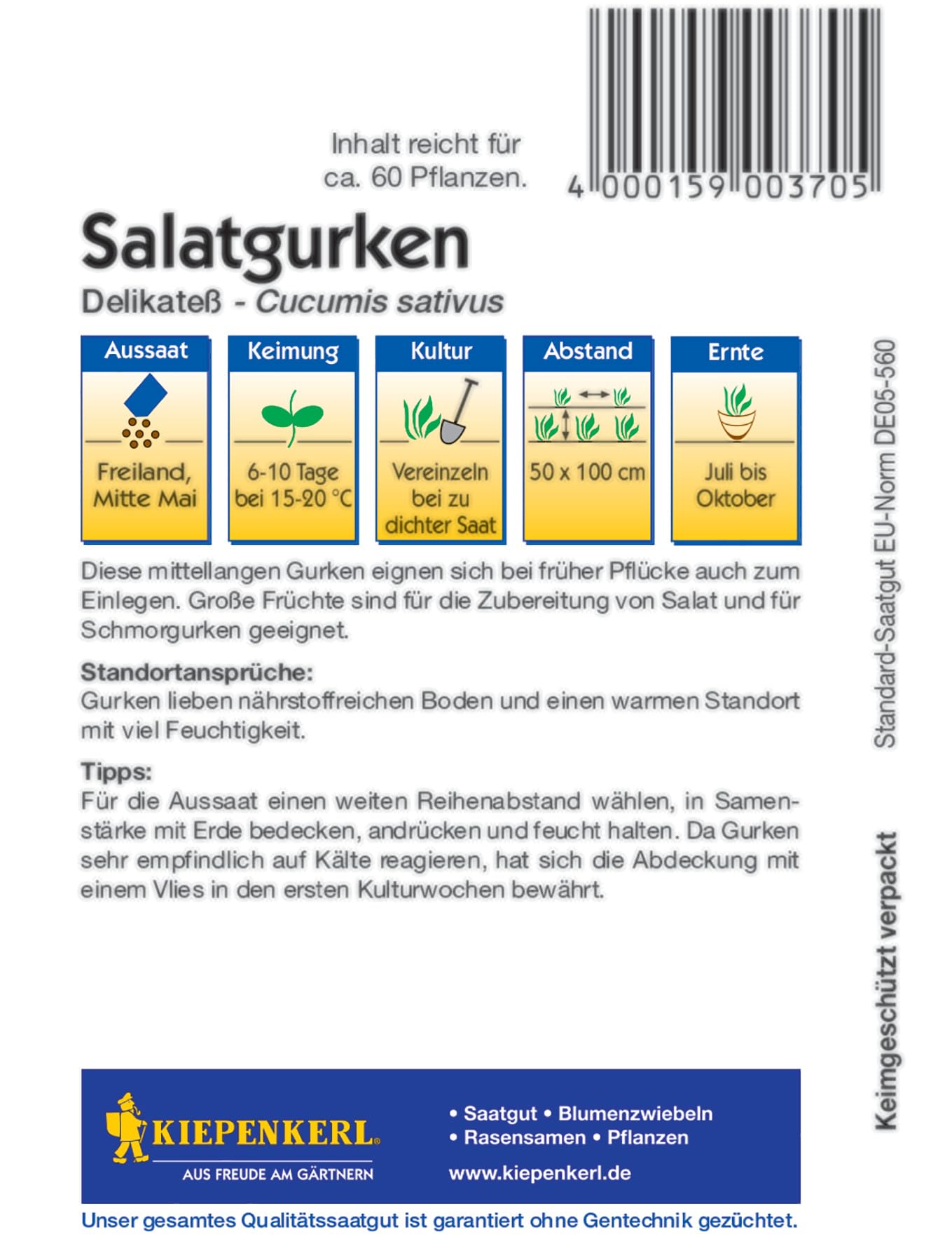 Kiepenkerl Salatgurkensamen Delikate 370 - Beliebte Sorte zum Einlegen,  fr Salate und als Schmorgurken - Samen Gemse - Gemsesamen - Saatgut : ...
