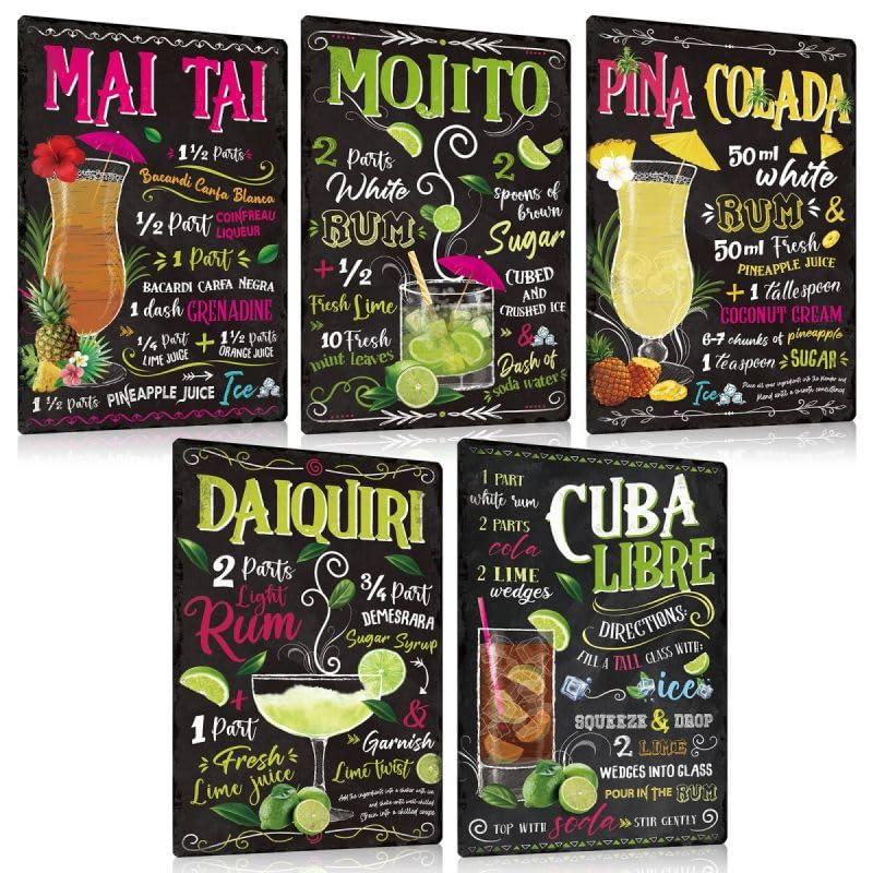 ESFIVHO Lot de 5 Cocktail Recette Plaque Metal Vintage 20x30cm - Cocktails Guide Panneau Pancarte Affiche Poster - Decoration Murale Accessoire Pour Bar Pub...