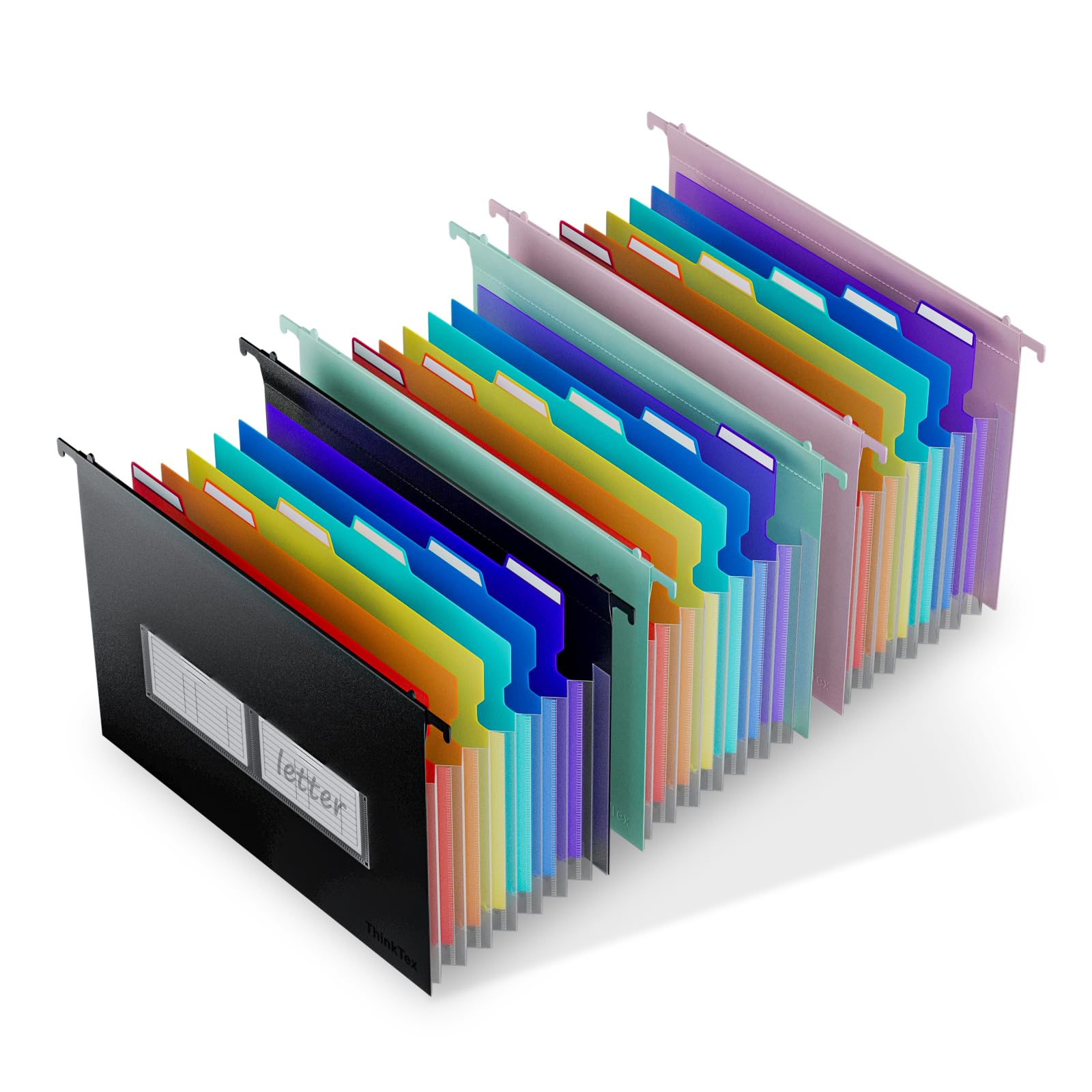 ThinkTex Plastic Expanding Hanging File Folders, 7 Innovative 1.2" Accordion Pockets, Large Capacity, Multi-Color Tabs, Letter Size for Filing Cabinet