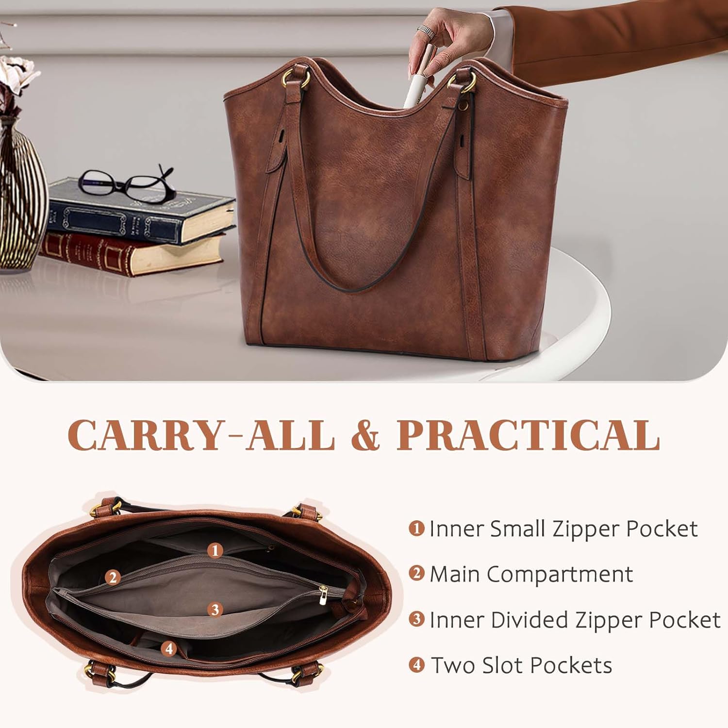 VASCHY Tote Bag Purse for Women, Fashion Large Vegan Leather Top Handle Satchel Shoulder Bag Handbag with Zipper for Work | Purse, Fashion, Large, Vegan Leather, Top Handle, with Zipper, for Work