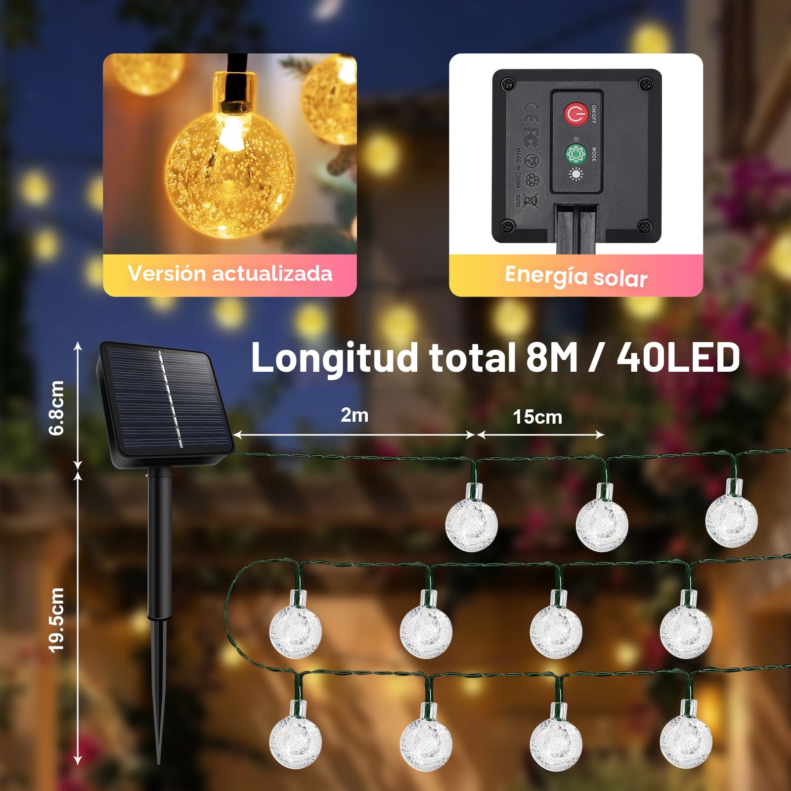 AGOTD Cadena de luces solares para exteriores, 40 LED, cadena de luces solar con temporizador, IP65, 8 modos, bolas de cristal, resistente al agua, para jardín, balcón, terraza, Navidad, bodas