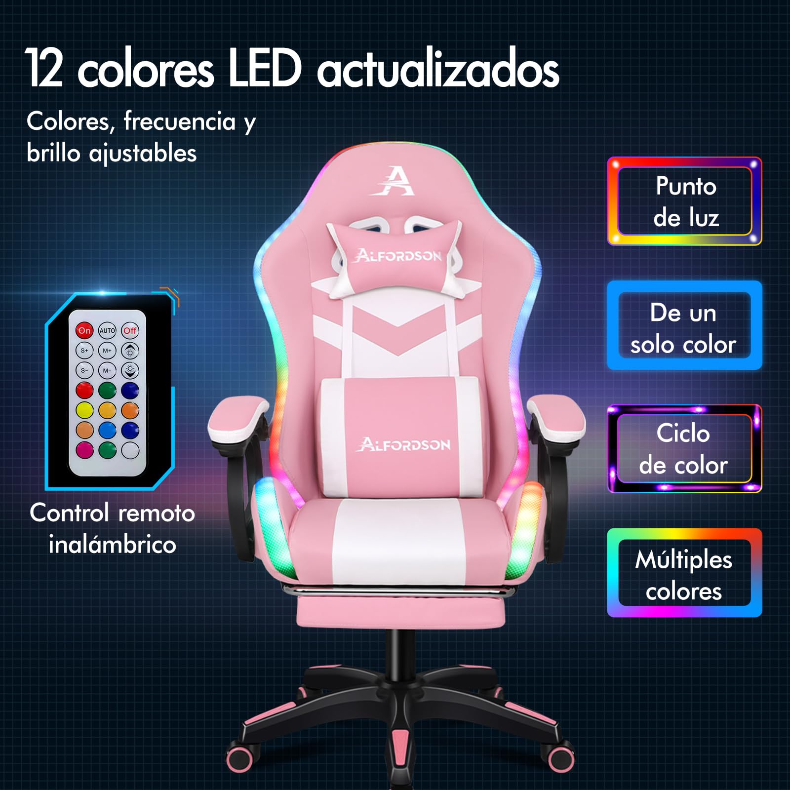 ALFORDSON Silla Gaming con Masaje y LED, Silla Gamer Ergonómica con Cojín Lumbar y Cervical, Reposapiés Telescópico, Iluminación para Ordenador, Videojuego, Juegos, Oficina, Cuero PU(Rosa)