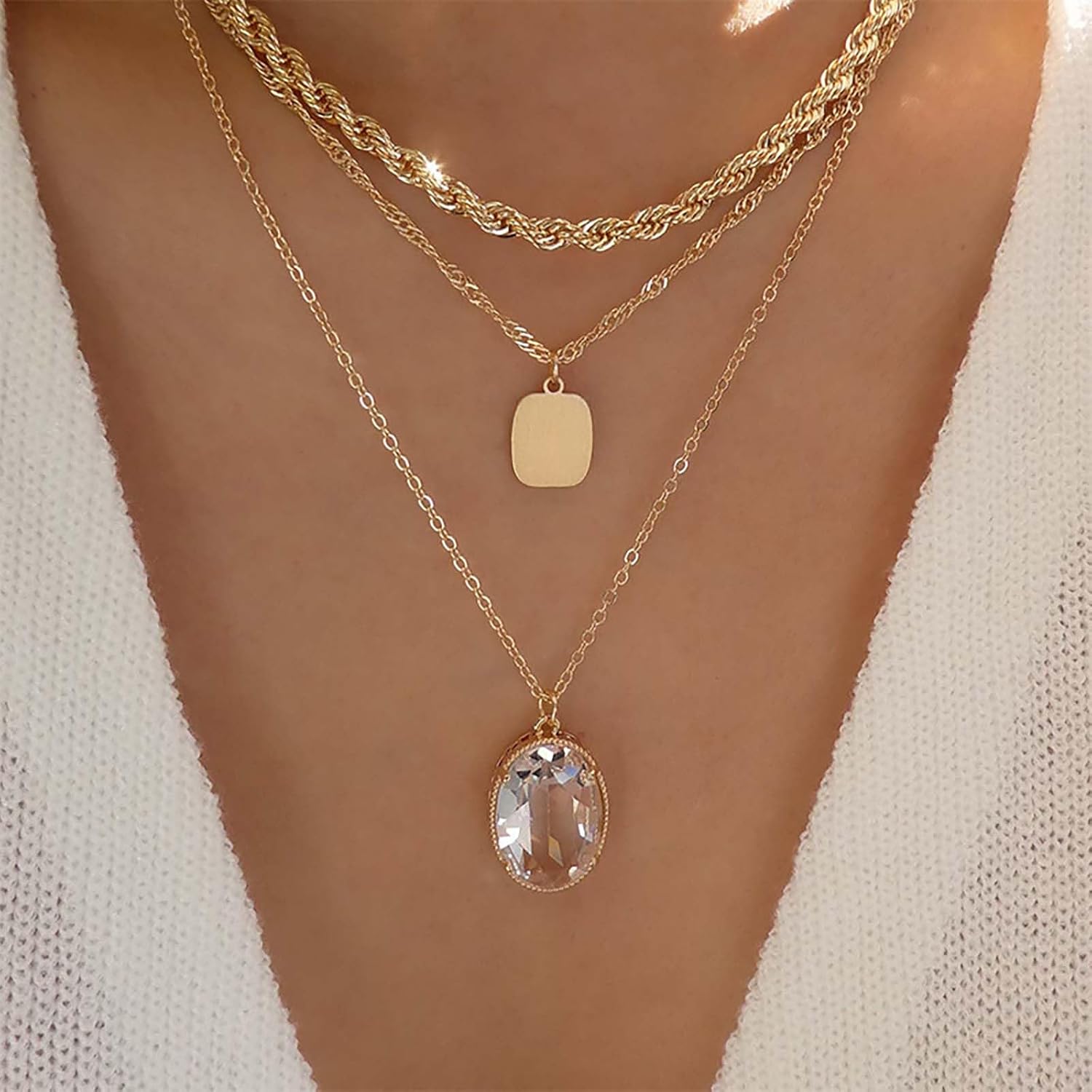 Andelaisi Boho Layered Crystal Oval Necklace Vintage Square Disc Pendant Necklace Gold Geometric Oval Choker Necklace Multilayered CZ Oval Rope Chain Necklace Jewelry for Women - Image 2