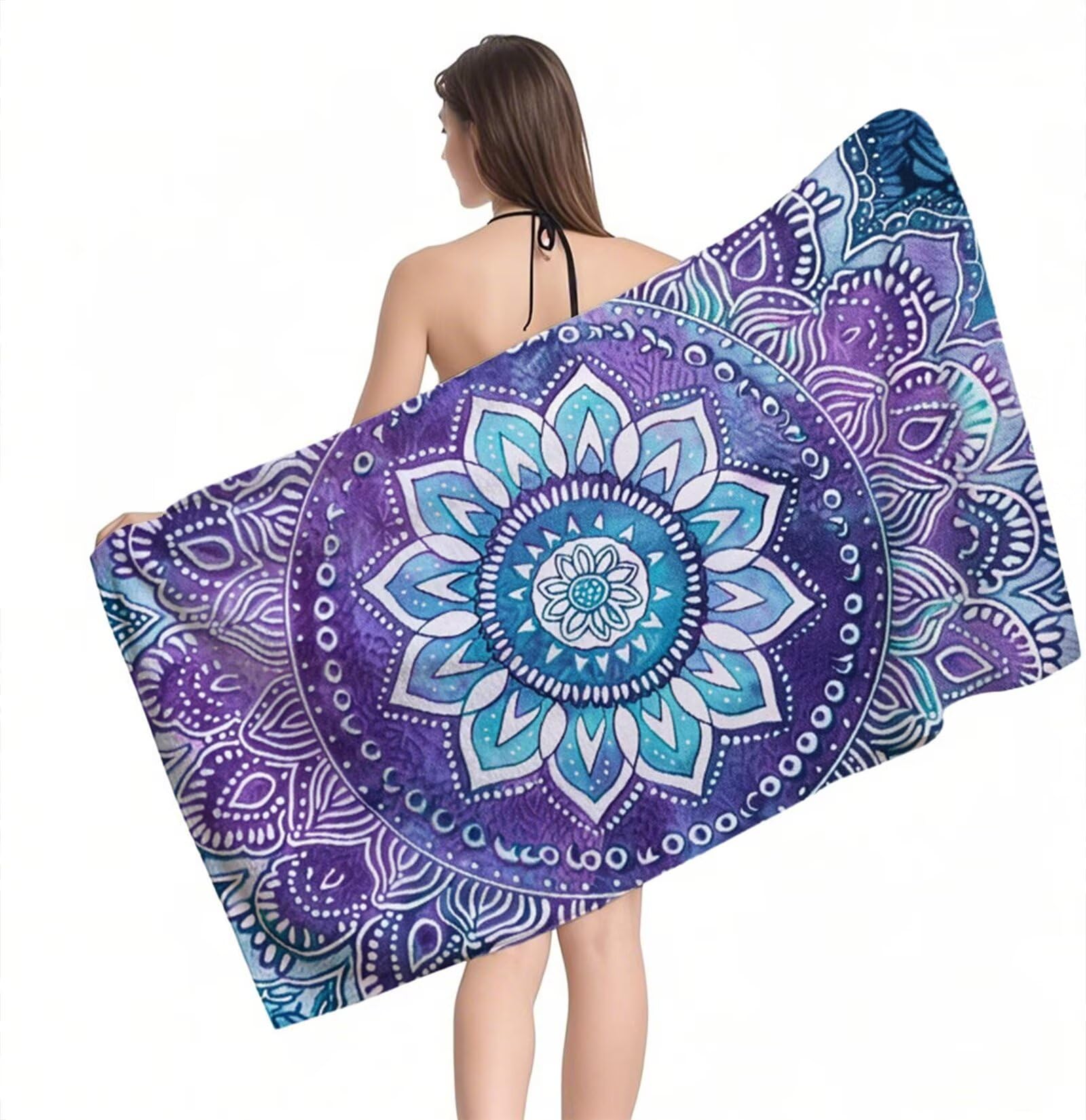 Ręcznik plażowy z mikrofibry 220 x 100 cm duży fioletowy ręcznik kąpielowy mandala mata plażowa anty piasek, ręczniki sportowe, szybkoschnące, kompaktowe i lekkie, do sportu, podróży, sauny, basenu Y1